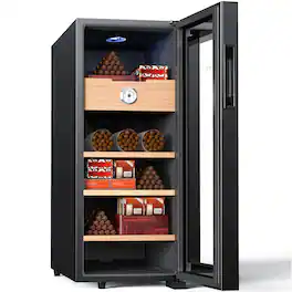 KingChii - 33L Thermoelectric Cigar Humidor Storage Cabinet with Temp Control, Spanish Cedar Shelves and Hygrometer(250 Capacity) - Black