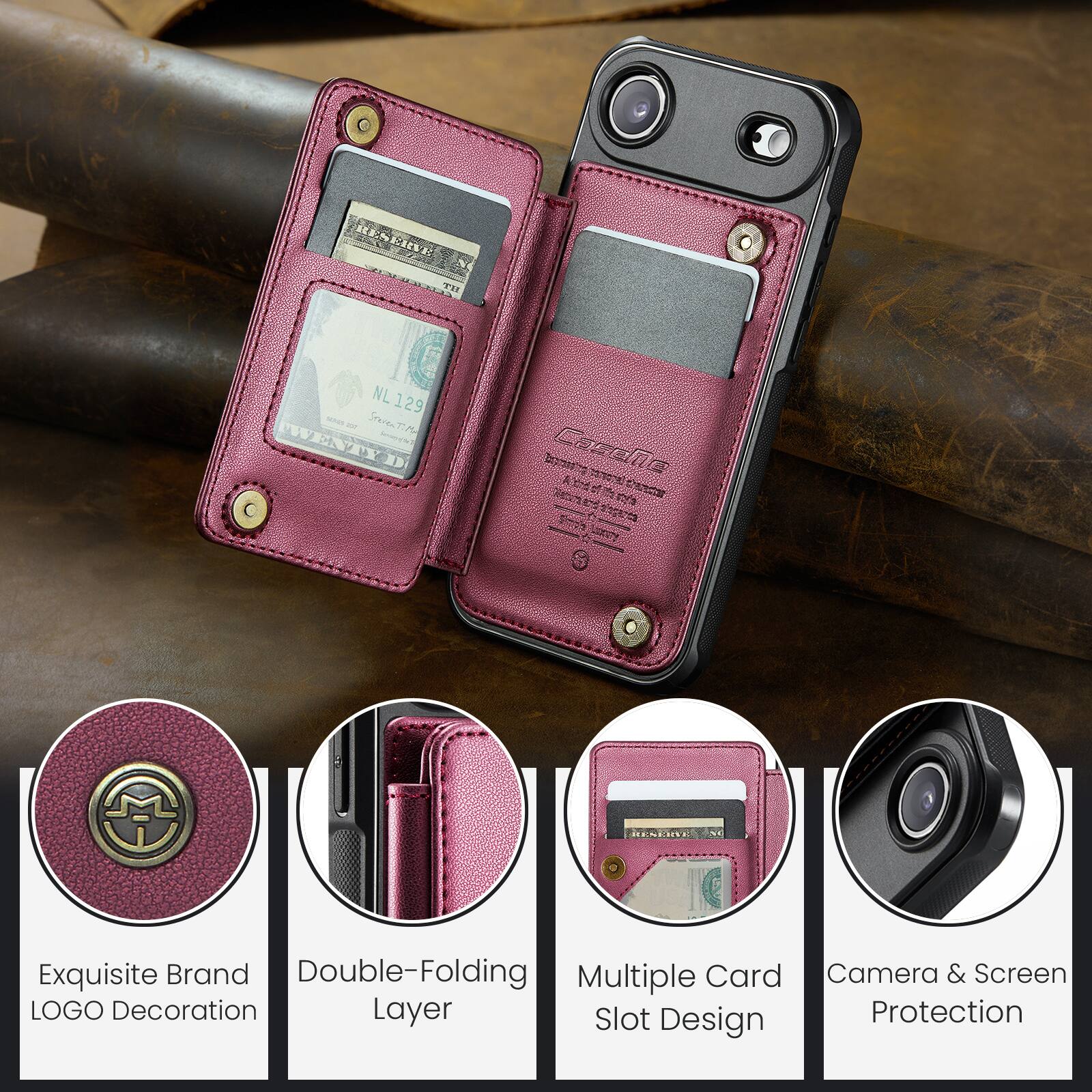 SE ENE N PAS NL 129 - - SPArTTA T ENTED DD nthing_to_trnie Cacane 1 Exquisite Brand Double-Folding Multiple Card Camera & Screen LOGO Decoration Layer Slot Protection Design