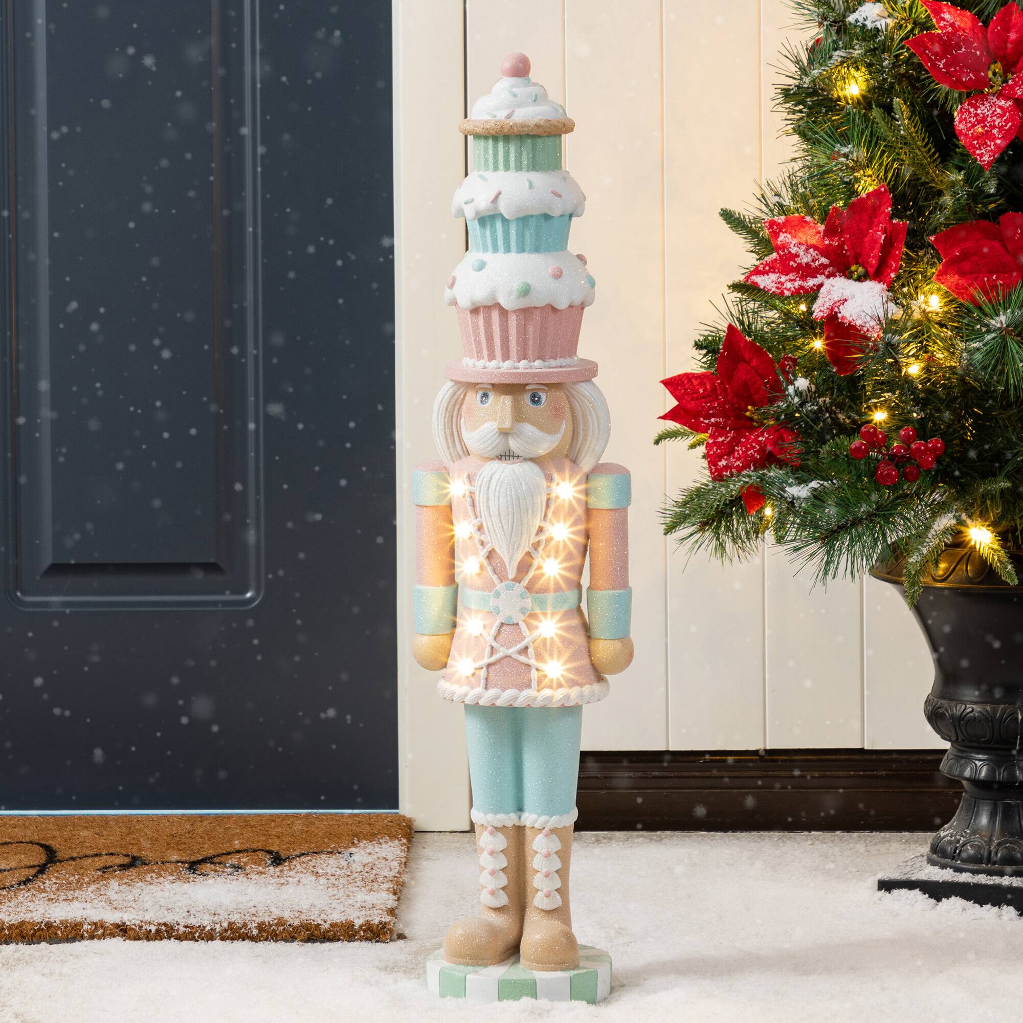 Front. Glitzhome - 28"H Lighted Macaron Resin Christmas Cupcake Nutcracker Porch Decor with Timer - Multi-Colored.