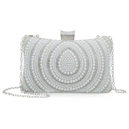 Front. Unique Bargains - Evening Bag for Women, Pearl Shiny Sequin Evening Clutch Wedding Purse for Bride Party Formal - Silver.