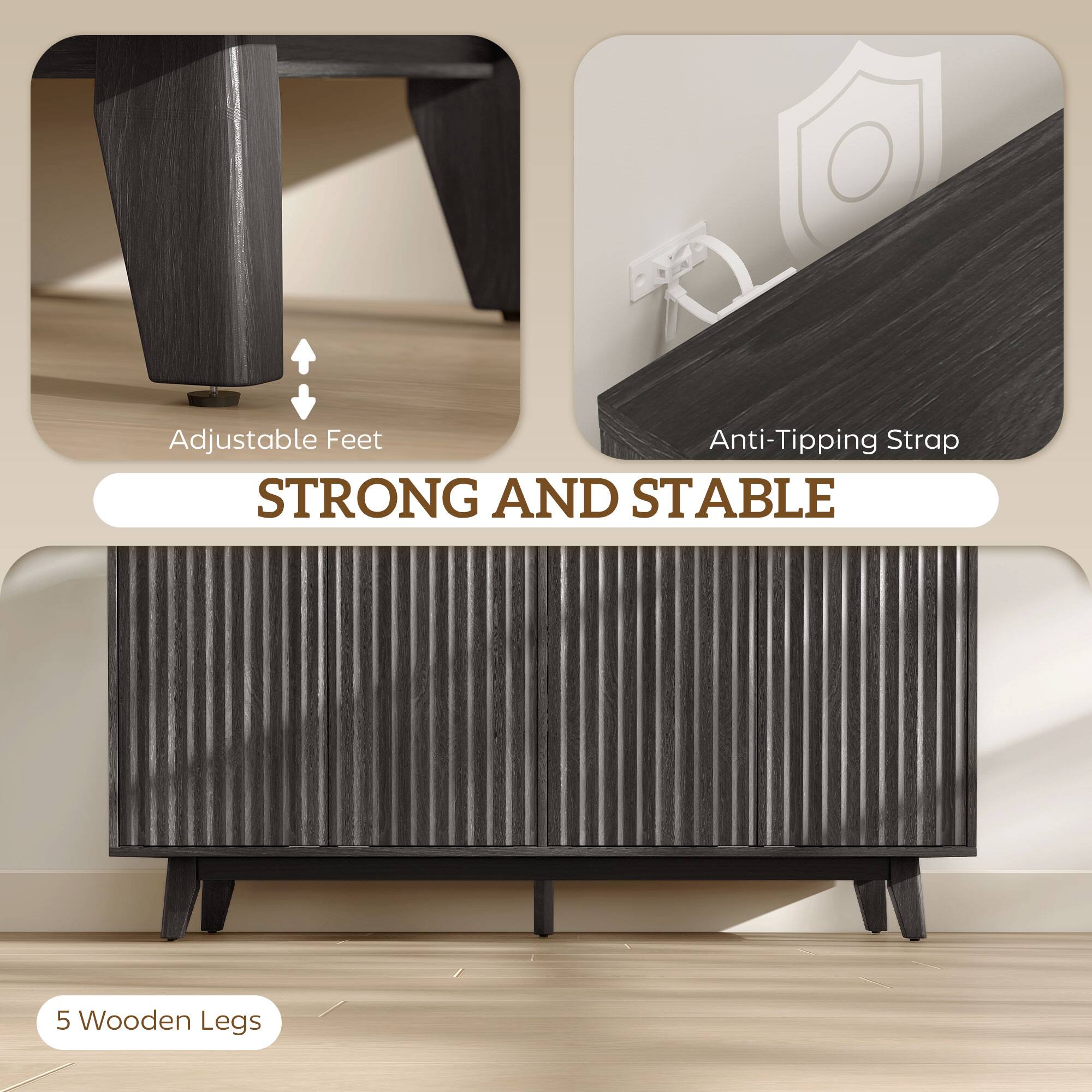Adjustable Feet, Anti-Tipping Strap, STRONG AND STABLE, 5 Wooden Legs