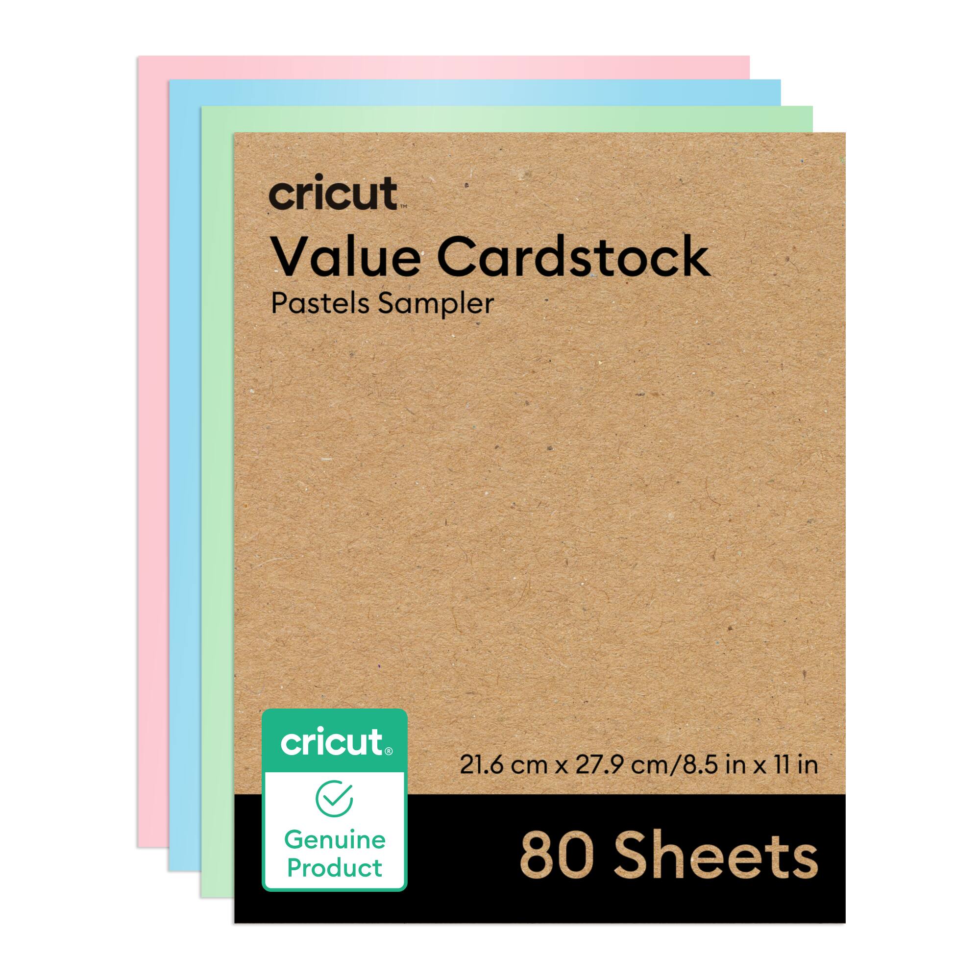 cricut Value Cardstock  
Pastels Sampler  

21.6 cm x 27.9 cm / 8.5 in x 11 in  

80 Sheets  

Genuine Product