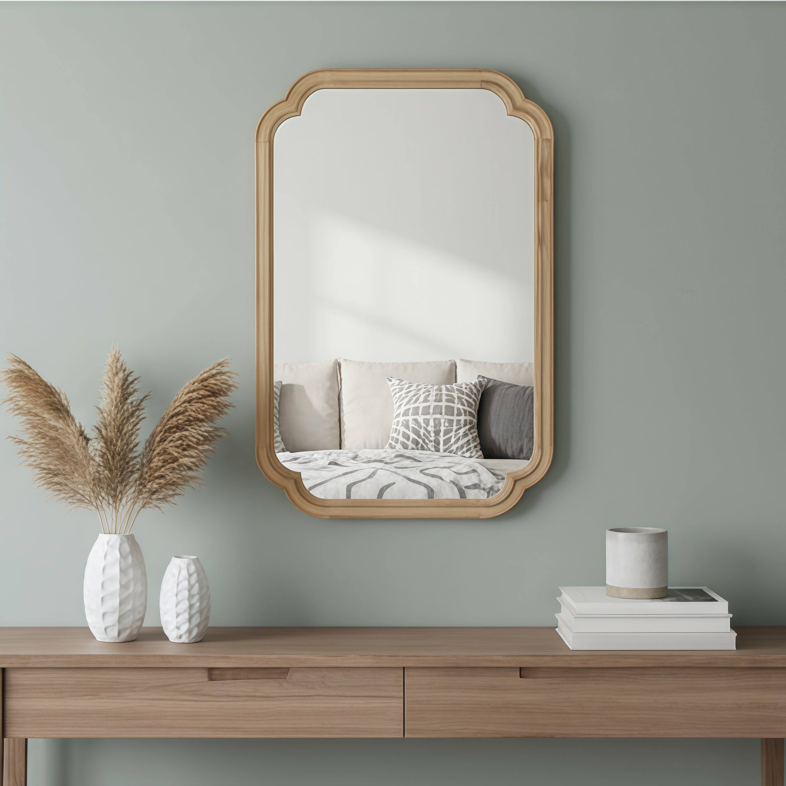 Back. BreeBe - 24x36 Natural Wood Solid Wood Rounded Corner Decorative Mirror for Bedroom Bathroom Living Room Entryway - Natural Wood.