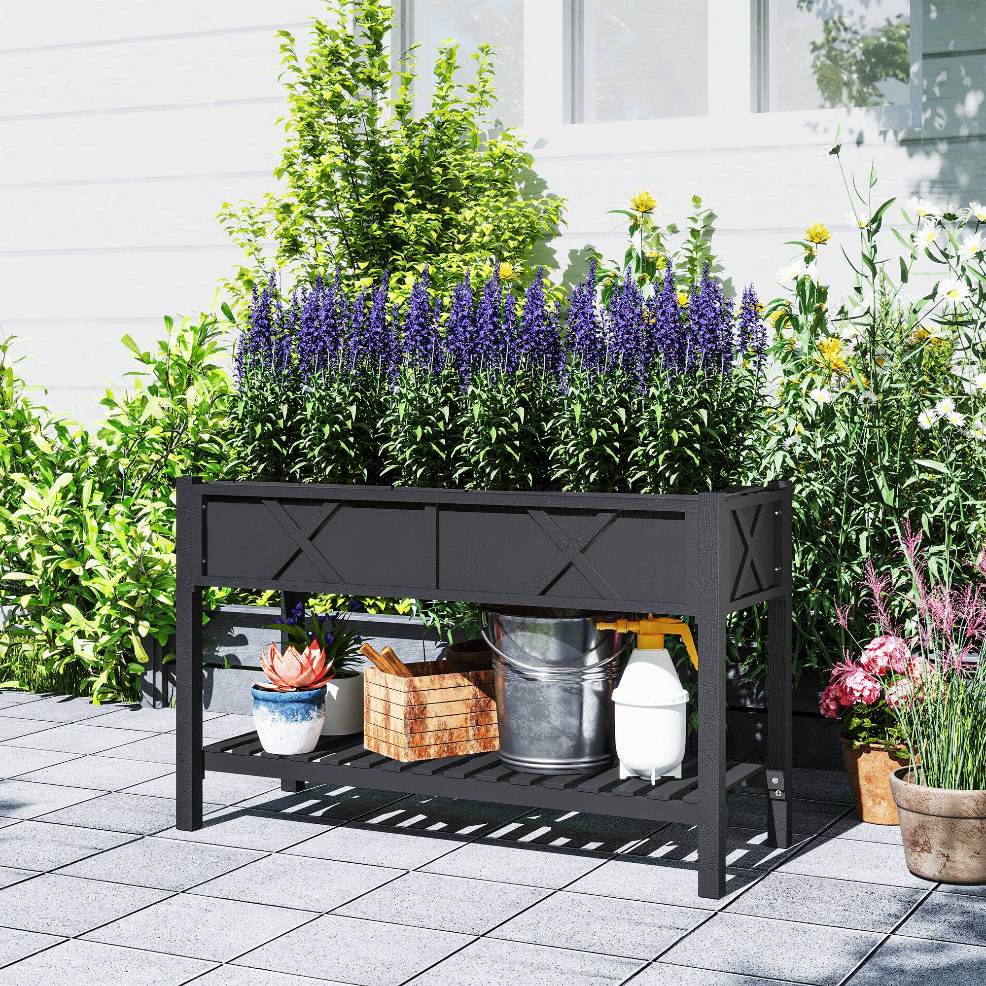 Alt View 8. Outsunny - Raised Garden Bed, Elevated Wood Planter Box with Storage Shelf, Drainage Holes, and Liner, 47 x 22 x 31.5 in - Black.
