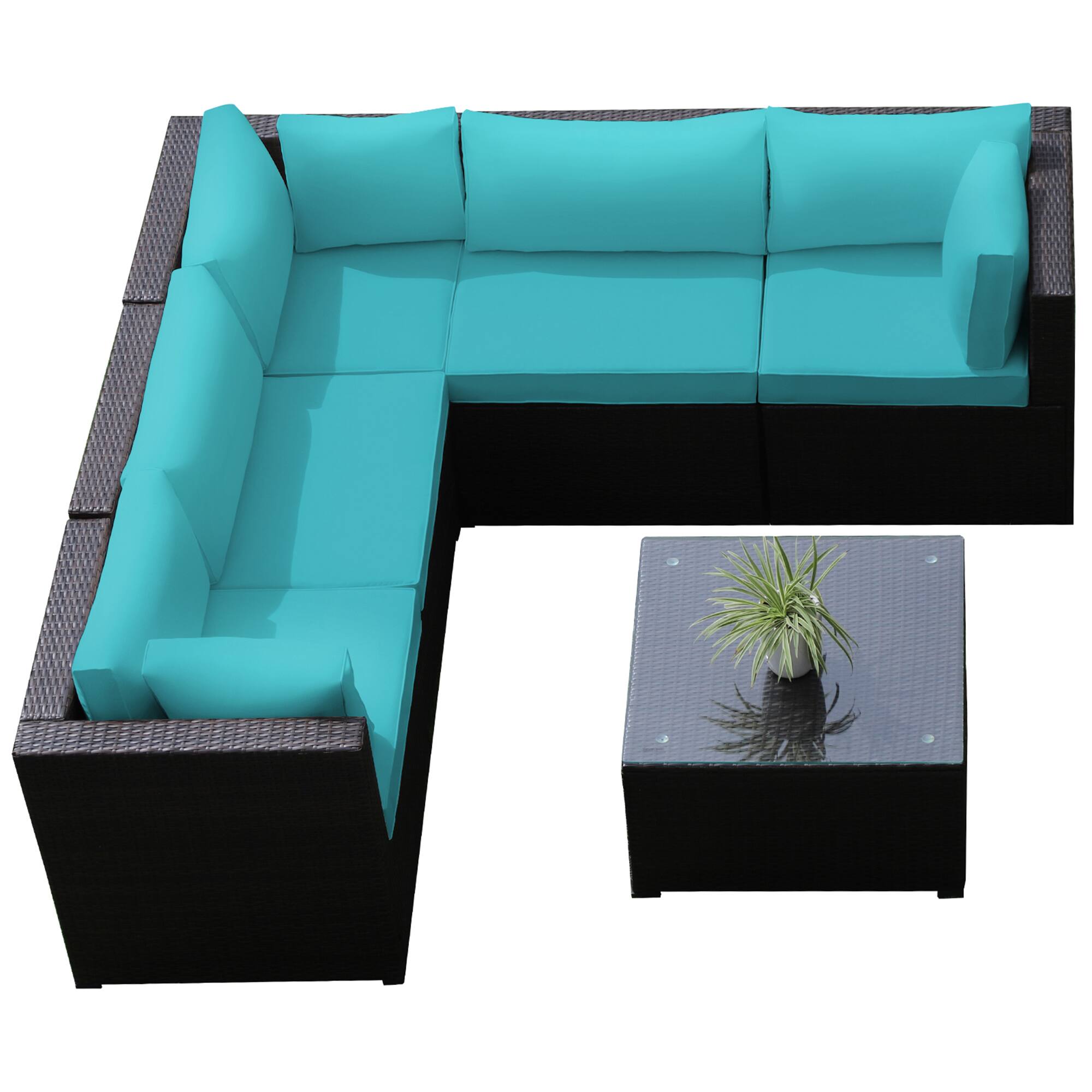 Alt View 5. Gymax - Gymax 6PCS Rattan Patio Sectional Sofa Conversation Set Outdoor w/ Turquoise Cushions - Turquoise.