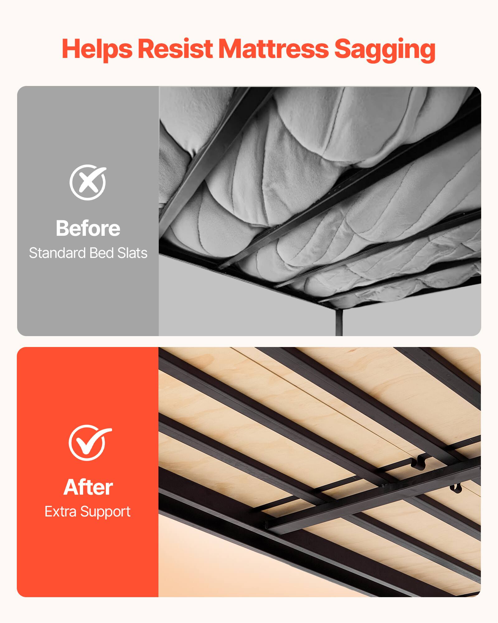 Helps Resist Mattress Sagging

Before
Standard Bed Slats

After
Extra Support
