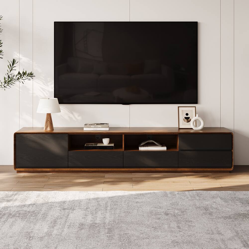 Angle. POVISON - 78" Fully-assembled Modern Wood Black TV Stand, Lowline Media Console with 4 Drawers, Open Storage Cabinet - Dark Wood & Black.