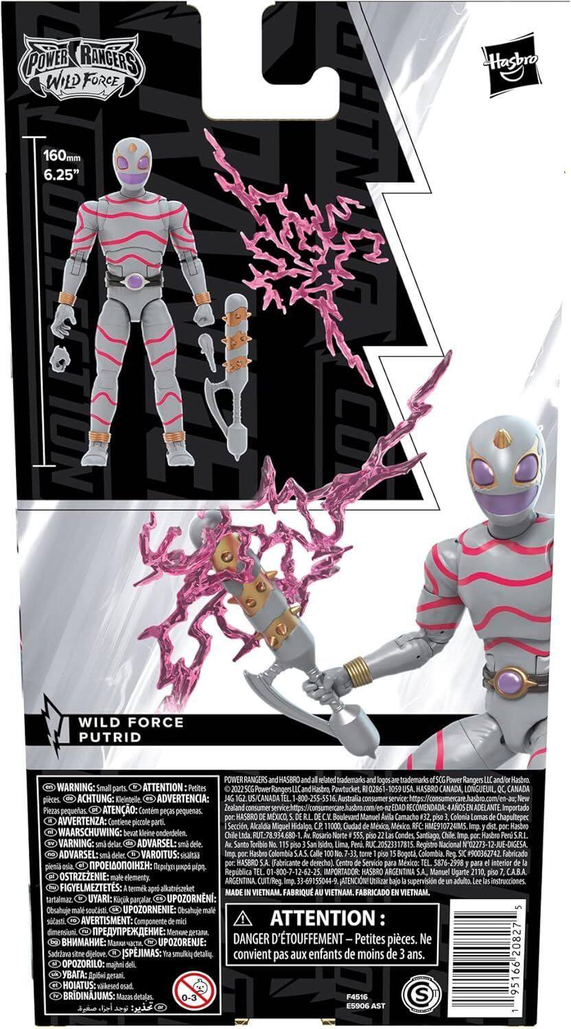 Here is the corrected and grouped text from the image:

---

**POWER RANGERS WILD FORCE**

**Hasbro 160mm 6.25" WILD FORCE PUTRID POWER RANGERS HASBRO**

**Related trademarks logos trademarks Power Rangers and/or Hasbro**

**WARNING: Small ATTENTION Petites 2022SCG Power Rangers Hasbro Pawtucket, RI02861**

**HASBRO CANADA, LONGUEUIL CANADA**

**ACHTUNG: Kleinteile. ADVERTENCIA: US/CANADA -800-255-5516**

**Australia consumer service https: hasbro Piezas pequeñas. ATENO: Contiene piezas pequeñas.**

**HASBRO MXICO Boulevard Manuel Camacho Colonia Lomas Chapultepec AVVERTENZA: Contiene piccole parti, Seccin Alcaldia Miguel Hidalga 11000, Ciudad Mxico, Mxico HME910724IMS**

**Hasbro WAARSCHUWING: kleine onderdelen. RUT-78.934.680- Rosario Norte Condes, Santiago, Chile.**

**VARNING: ADVARSEL Santo Toribio Isideo, Lima, RUC.20523317815. Registro Nacional N02273-12-JUE-DIGESA**

**ADVARSEL: VAROITUS: sihaltaa Hasbro Colombia S.A.S. Bogot, Colombia #900362742.**

**Fabricado II: HASBRO (Fabricante derecho)**

---

This text includes warnings about small parts and contact information for various regions.