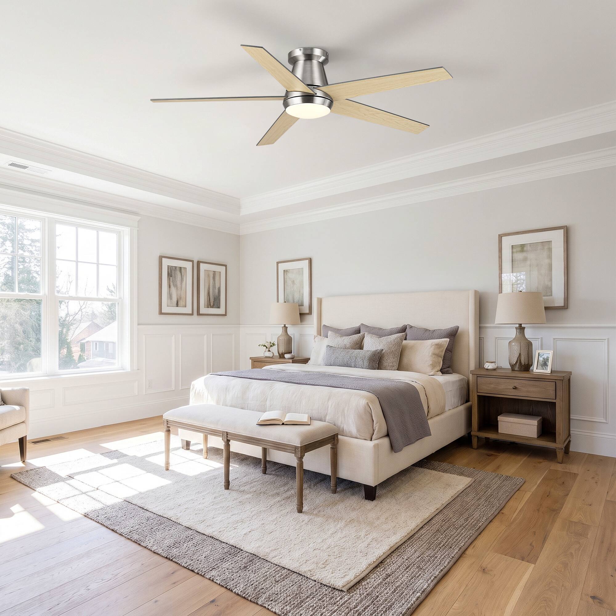 Back. Vaczon - 52 Inch Modern Reversible Blades 3CCT Dimmable LED Smart Flush Mount Ceiling Fan with Light, Remote and App Control - Satin Nickel.