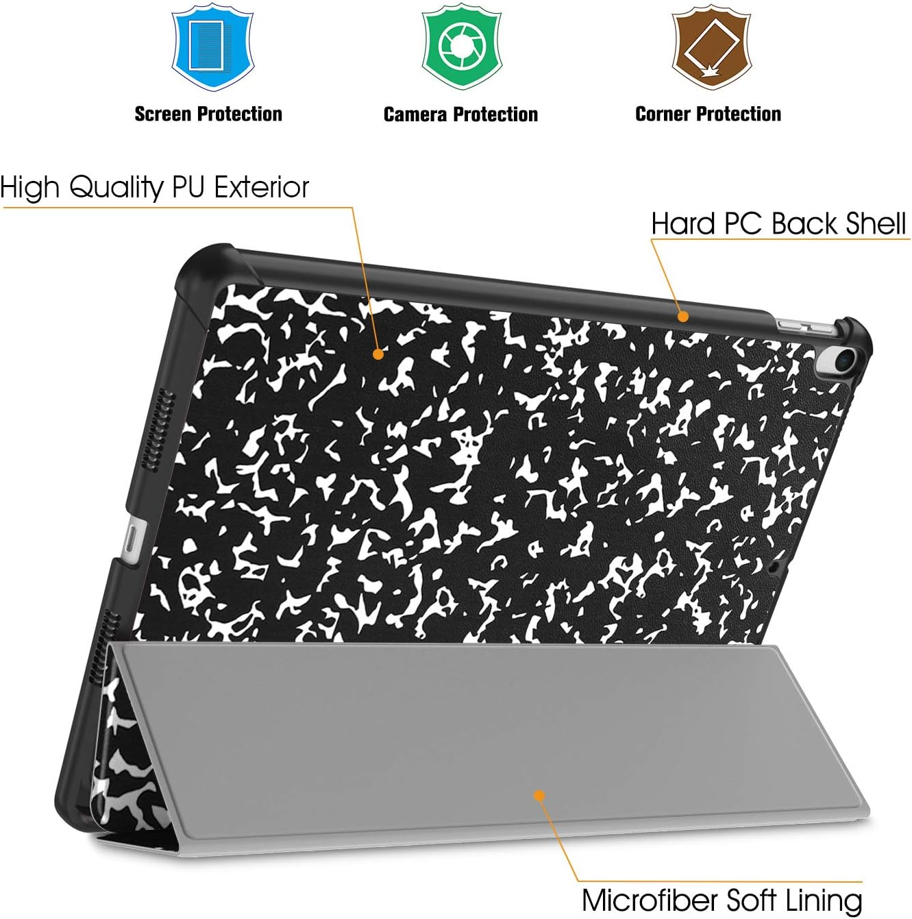 Screen Protection  
Camera Protection  
Corner Protection  
High Quality PU Exterior  
Hard PC Back Shell  
Microfiber Soft Lining