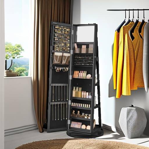 Angle. Songmics Home - 360° Swivel Jewelry Cabinet with Lock Full-Length Mirror Rear Storage Shelves Black - Black.