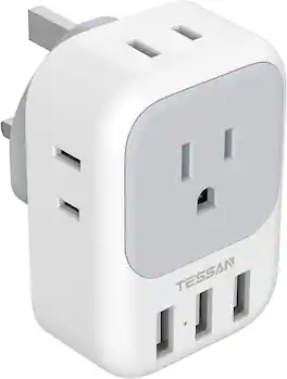 Wikistore - US to UK Plug Adapter Type G with 4 Outlets 3 USB Charger for England Ireland Dubai Singapore - White