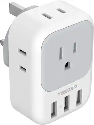 Front. Wikistore - US to UK Plug Adapter Type G with 4 Outlets 3 USB Charger for England Ireland Dubai Singapore - White.