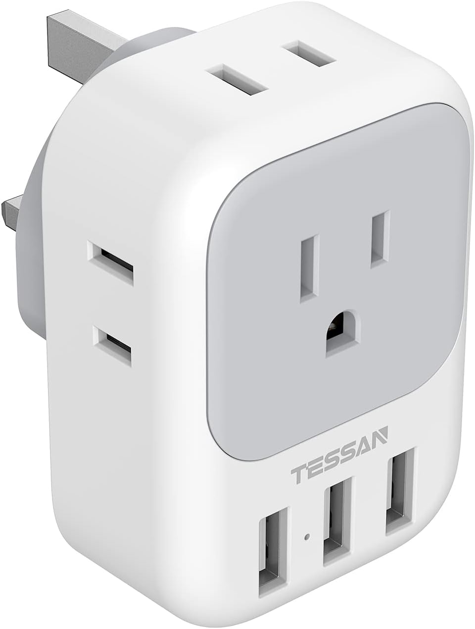 Front. Wikistore - US to UK Plug Adapter Type G with 4 Outlets 3 USB Charger for England Ireland Dubai Singapore - White.