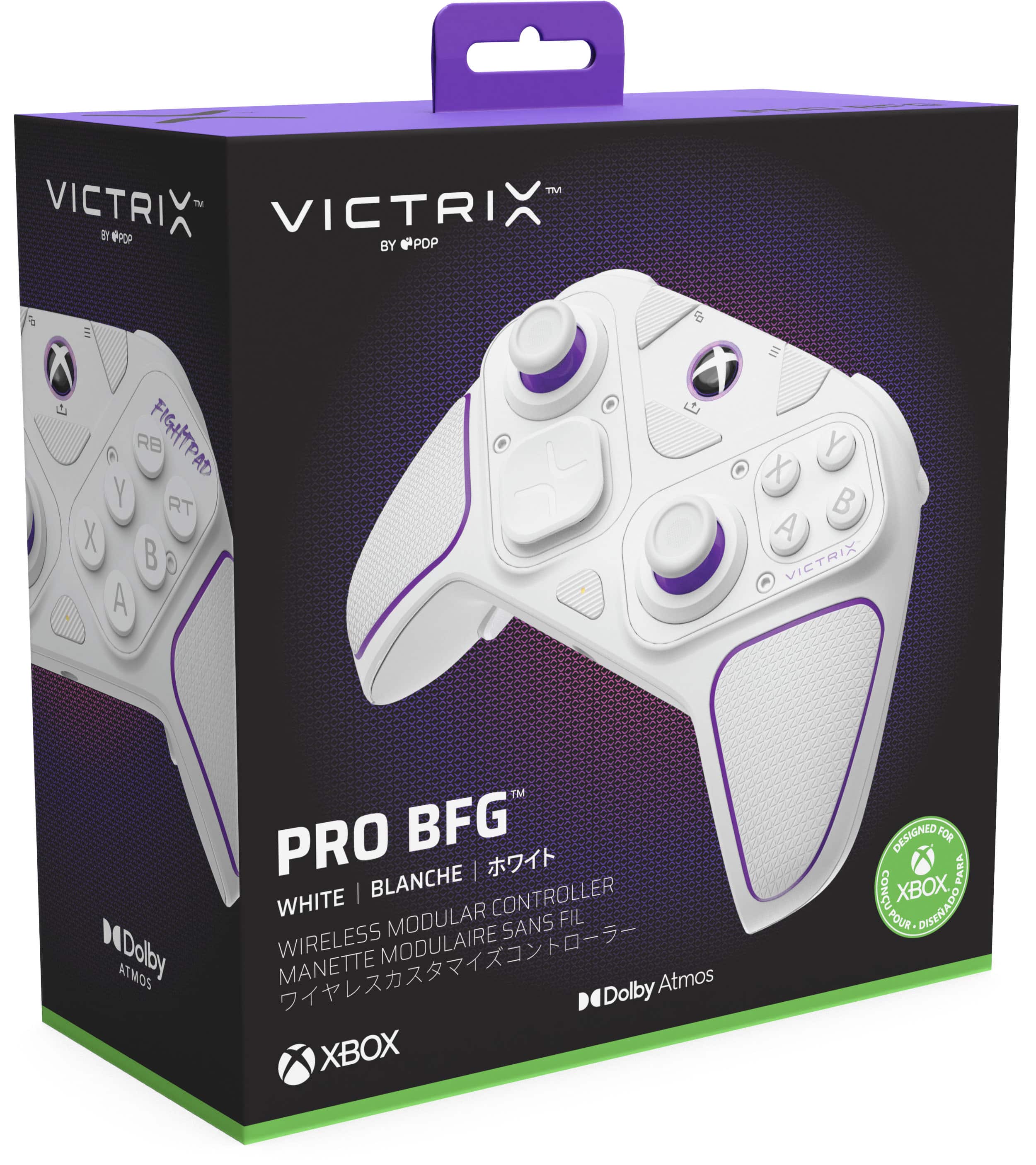 The text on the image reads "VICTRIX PRO BFG - BLANCHE CONTROLLER WHITE FIL MODULAR SANS Dolby WIRELESS MODULAIRE ATMOS MANETTE Atmos Dolby XBOX DESIGNED FOR PARA COM XBOX POUR DISTRADO."