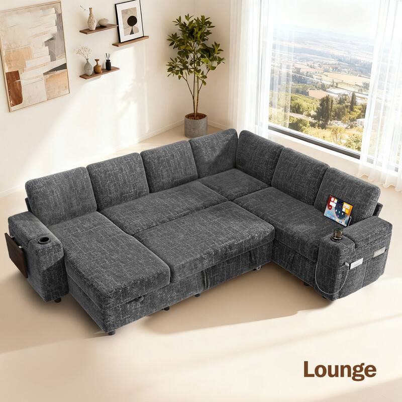 Dyonery - 110" Modular Sectional Sofa, L Shaped 7-Seater Sleeper Sofa with Pull Out Bed &Hidden Storage, Cup Holders & USB. - Gray