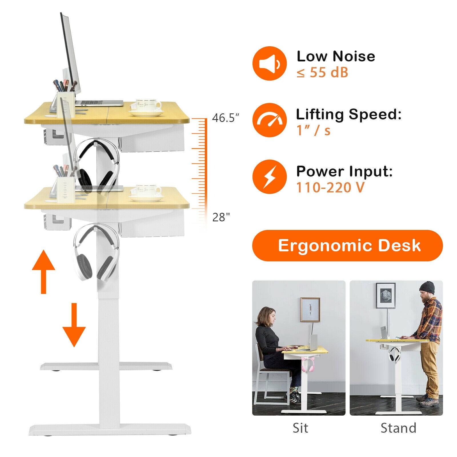 Low Noise ≤ 55 dB, Lifting Speed: 1" / s, Power Input: 110-220 V, 46.5", 28", Ergonomic Desk, Sit, Stand