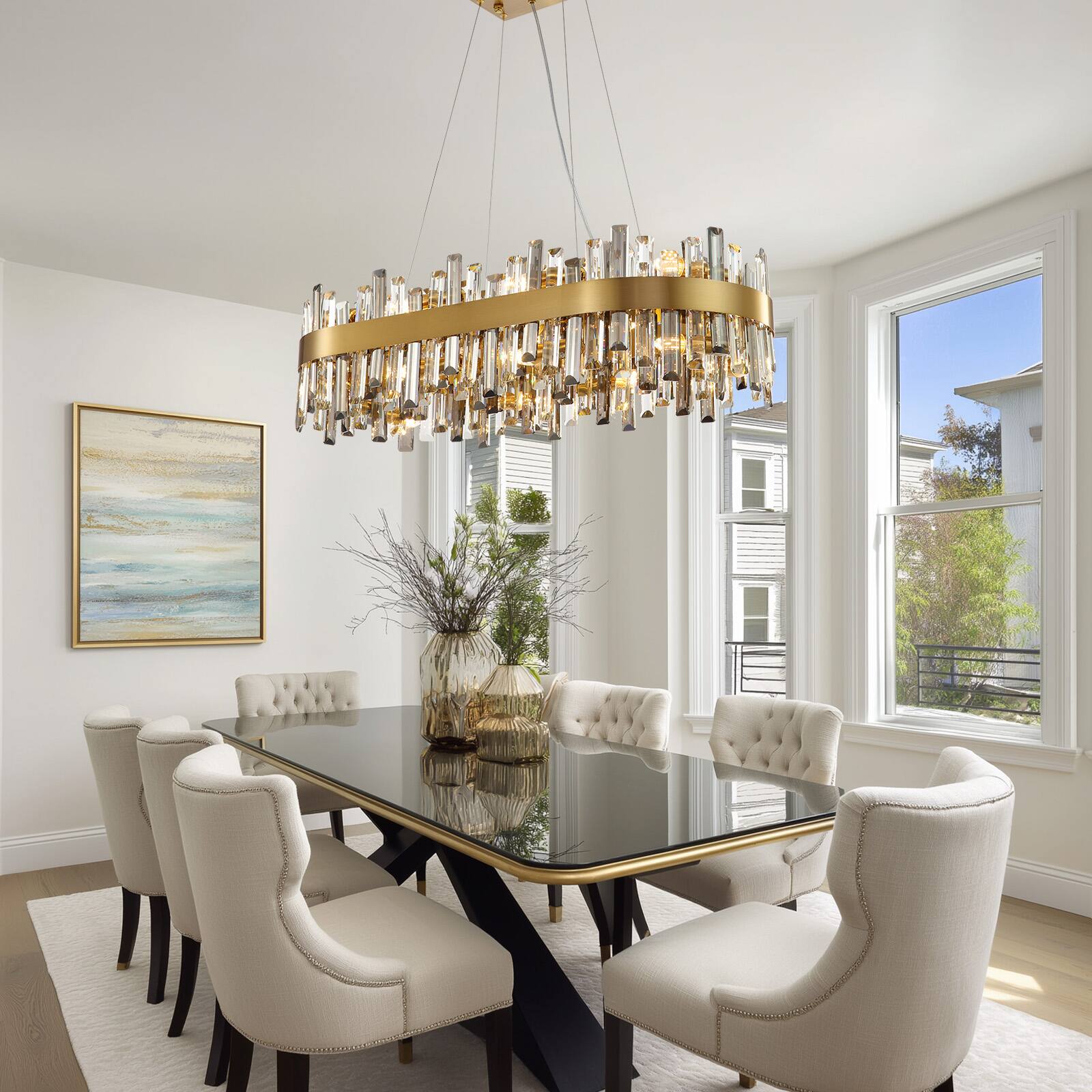 Alt View 2. Siljoy - 35.5in 16-Light Gold Smoke Oval K9 Crystal Empire Chandelier Dimmable Hardwired Linear Pendant Light for  Foyer Bedroom - Gold.