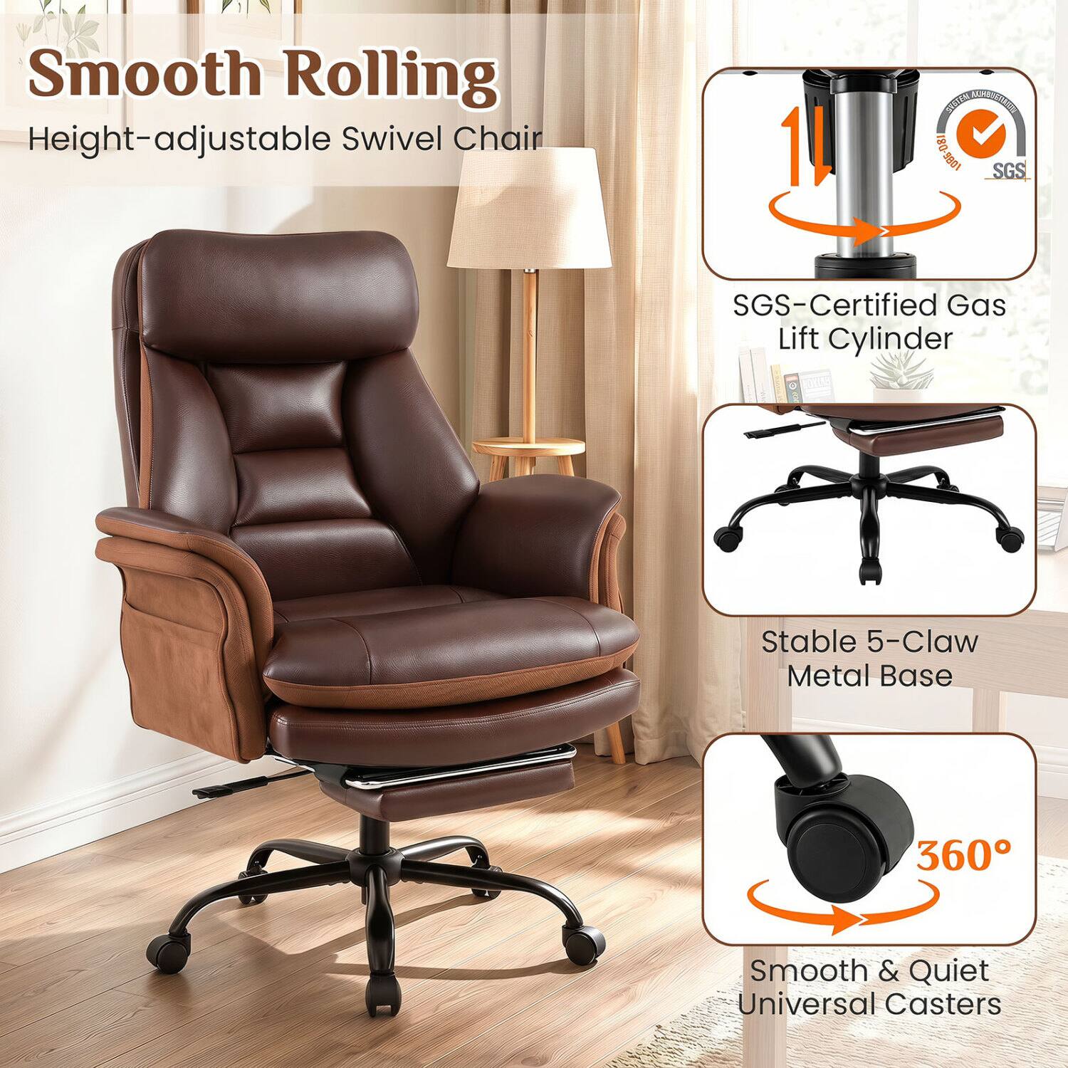 Smooth Rolling Height-adjustable Swivel Chair

SYSTEN ALHOUSTARISTER 180-3801 SGS

SGS-Certified Gas Lift Cylinder

Stable 5-Claw Metal Base

360°

Smooth & Quiet Universal Casters