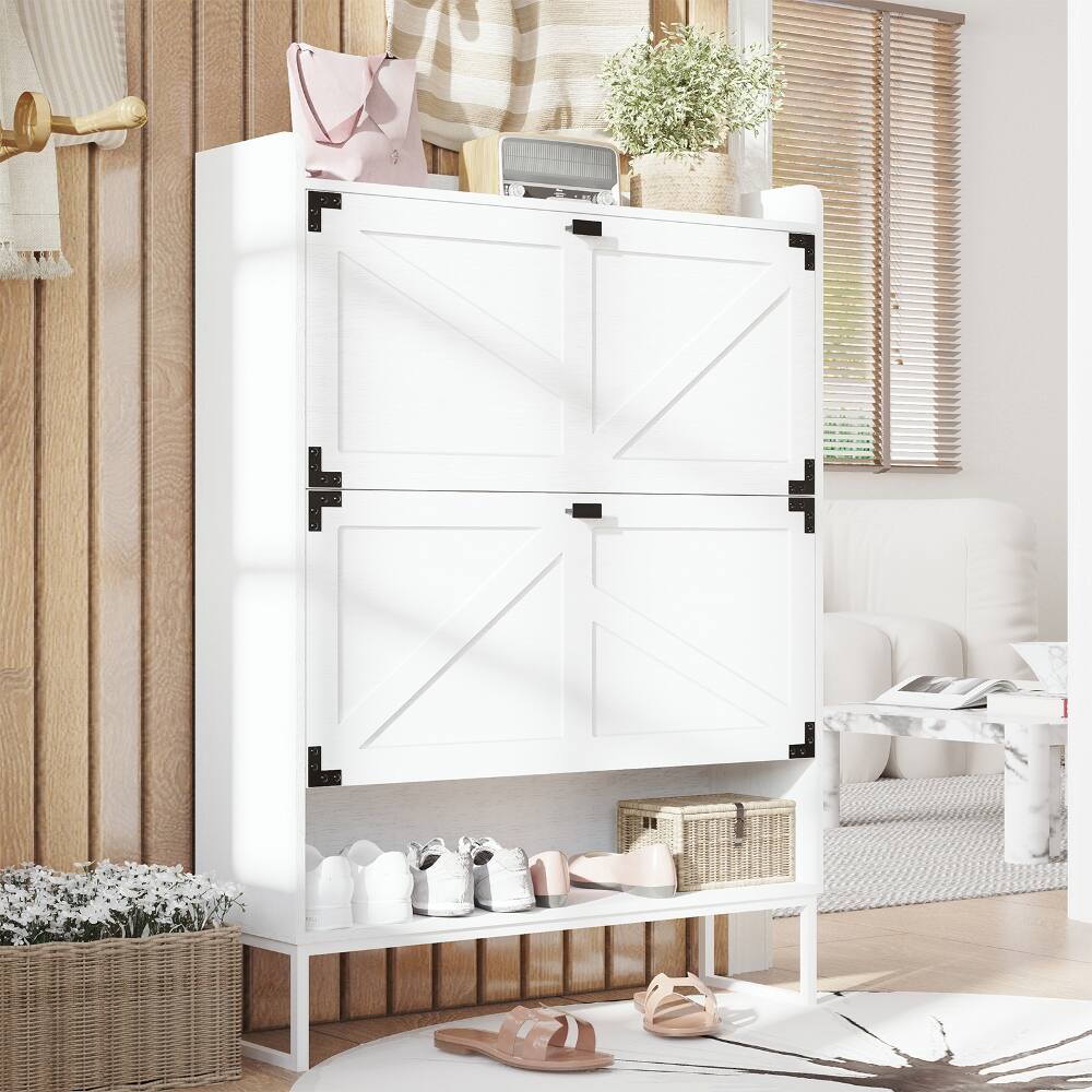 Front. Loheer - Loheer White Farmhouse Shoe Cabinet with Two Flip Drawers and Open Storage - White.