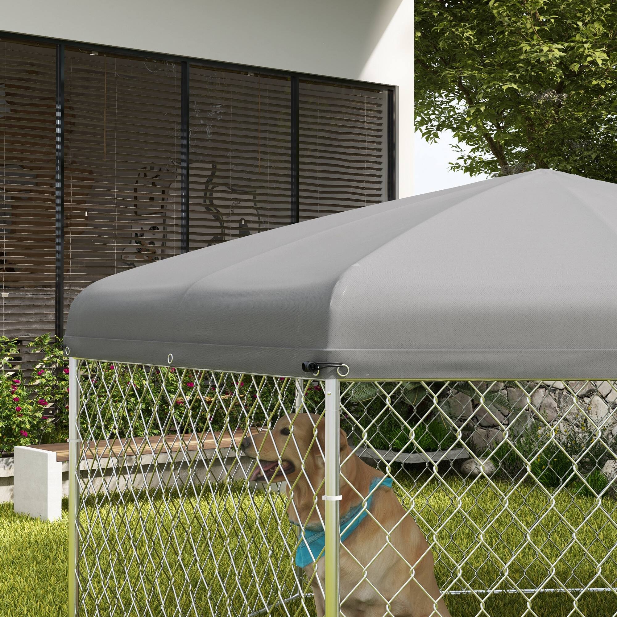 Alt View 5. Pawhut - 6.9'x6.1'x4.9' Dog Kennel Outside, Heavy Duty Chain Link Run, Waterproof Roof, Lockable Door, Medium, Large Puppy.