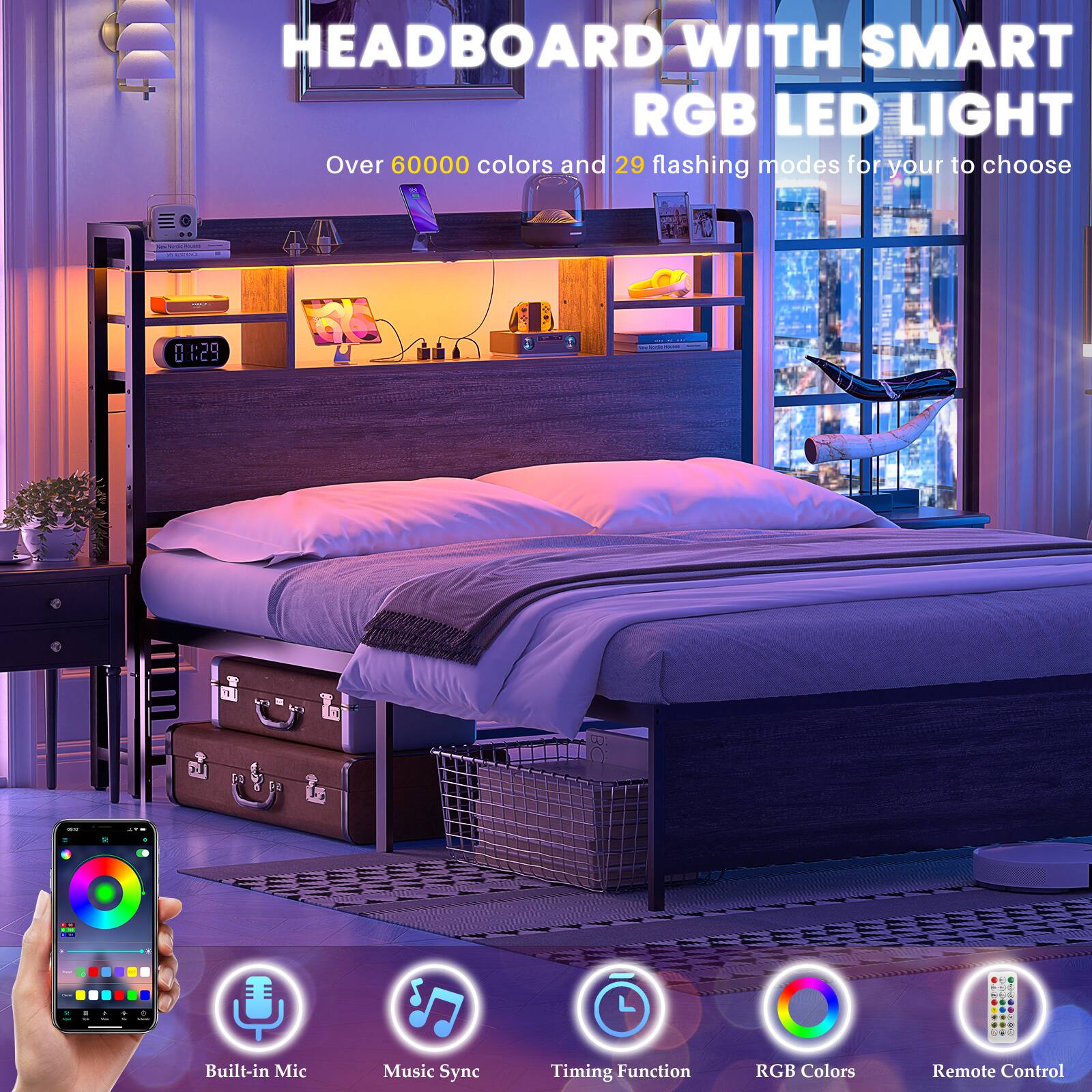 HEADBOARD WITH SMART RGB LED LIGHT  
Over 60000 colors and 29 flashing modes for your to choose  

Built-in Mic  
Music Sync  
Timing Function  
RGB Colors  
Remote Control