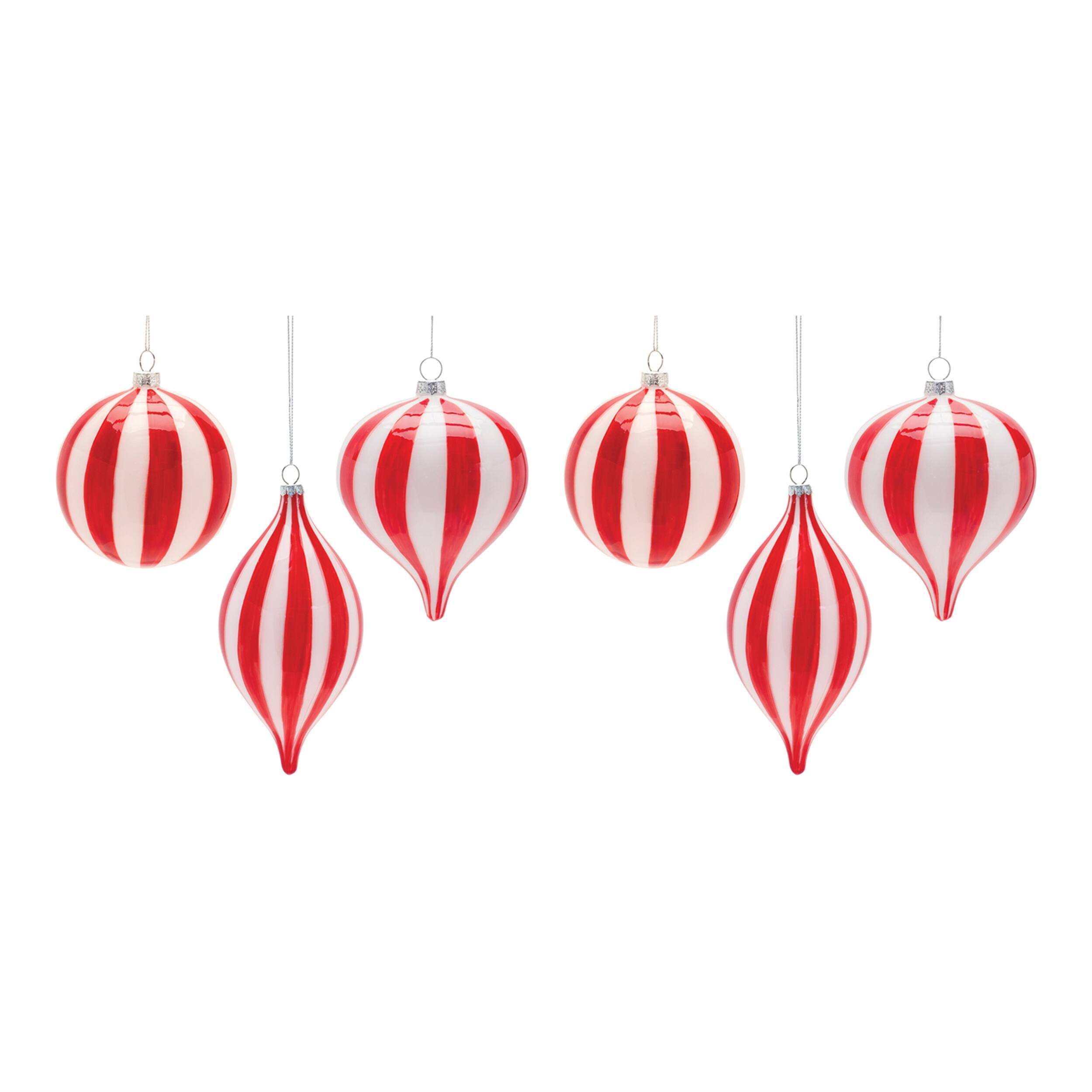 Alt View 3. BreeBe - Striped Glass Ornament (Set of 6) - White, Red.