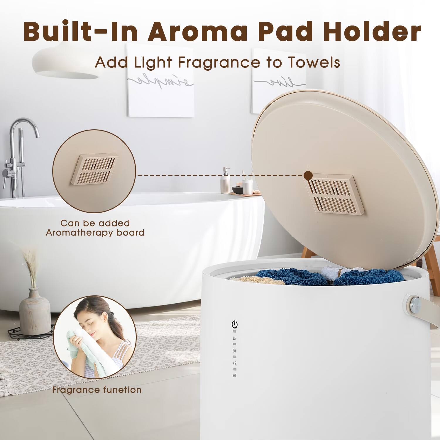 Built-In Aroma Pad Holder  
Add Light Fragrance to Towels  

Can be added Aromatherapy board  

Fragrance function