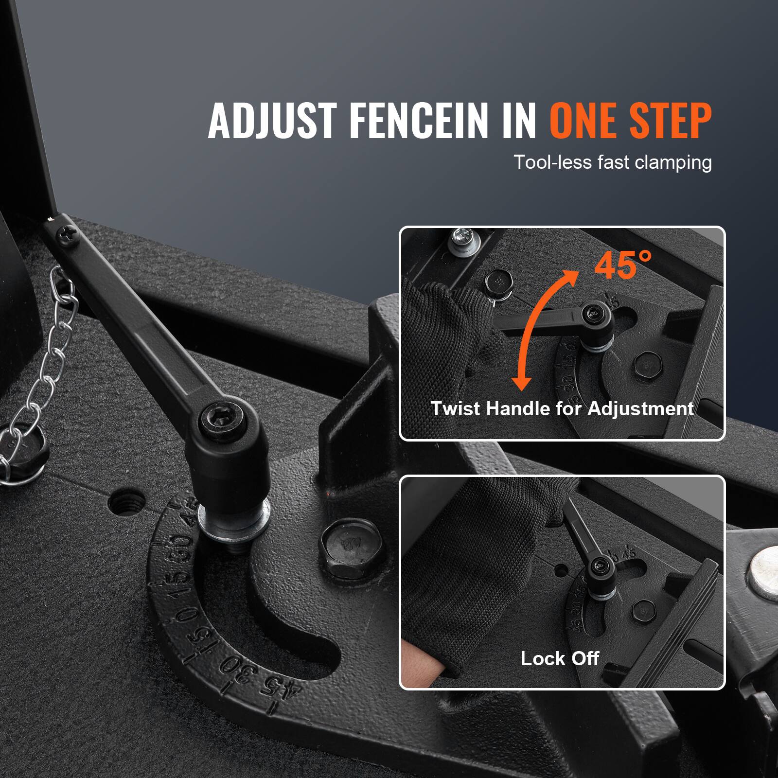 ADJUST FENCE IN ONE STEP  
Tool-less fast clamping

45°  
Twist Handle for Adjustment

Lock Off