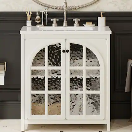 Front. Bestier - 31in Farmhouse Bathroom Vanity with Ceramic Sink Vintage Rustic Bathroom Cabinet, Antique White - White.