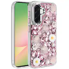 Front. Kitcheniva - Full Floral 3D Bling Phone Case With Tempered Glass For Samsung Galaxy A57 5G Pink - Pink.