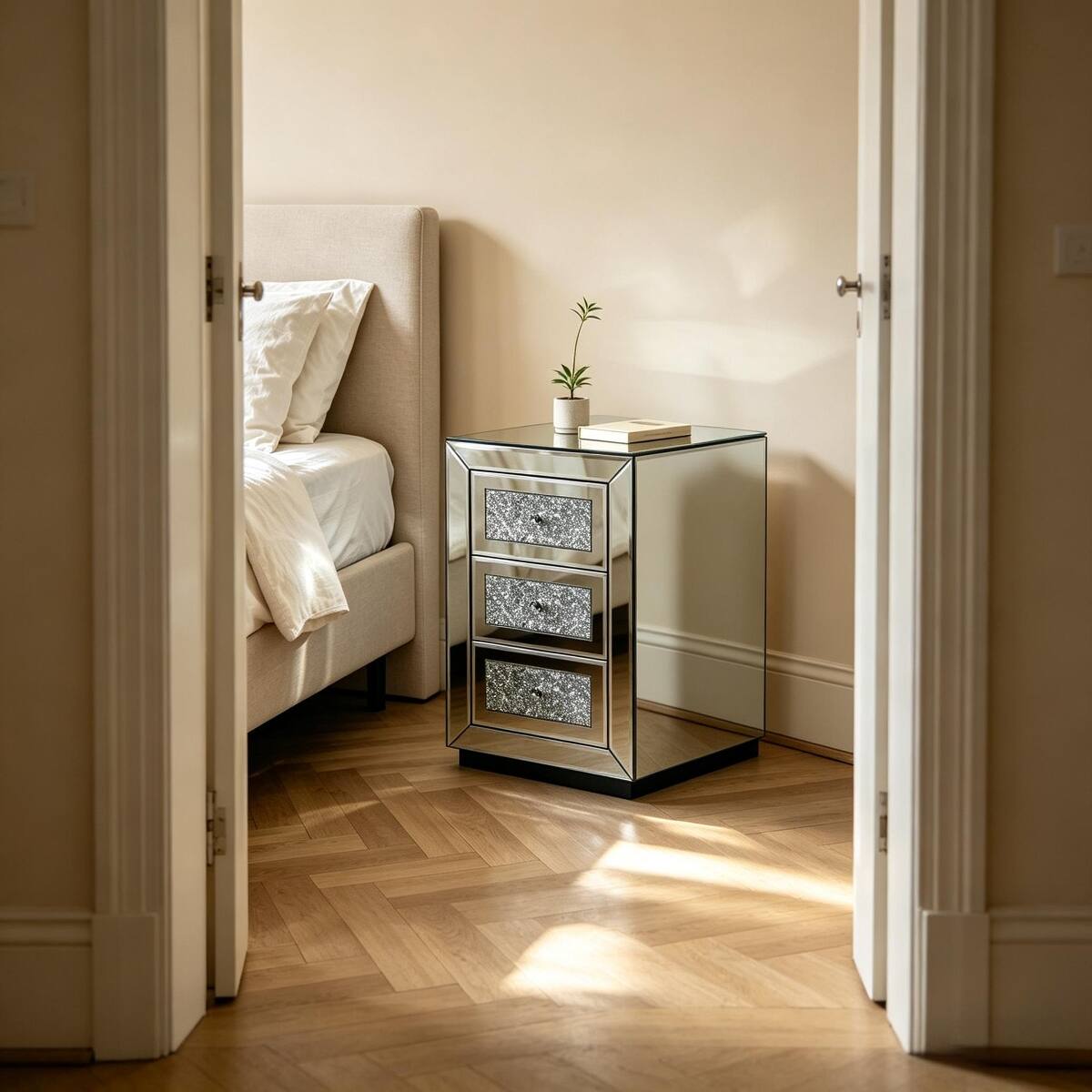 Alt View 9. Loheer - Loheer 3 Drawer Mirrored Nightstand, Silver Bedroom Side Table with Crystal Handles - Silver.