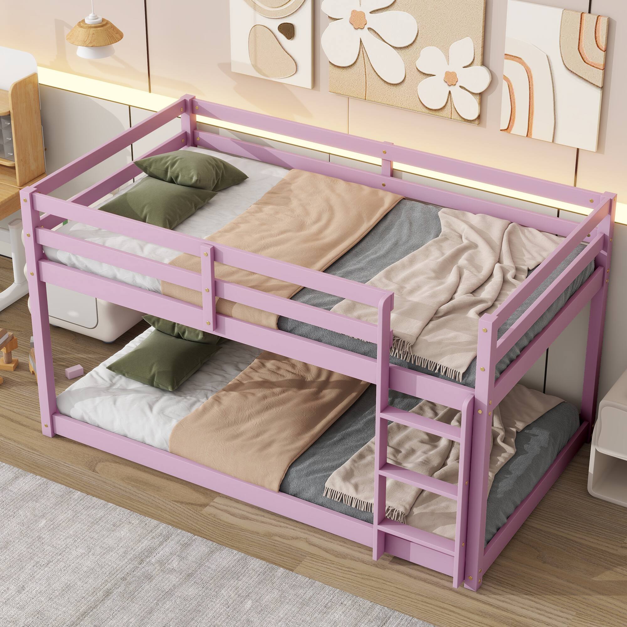 Alt View 5. GOODSILO - Solid Wood Twin Over Twin Floor Bunk Bed with Ladder and Strengthened Slats for Enhanced Stability - Pink.