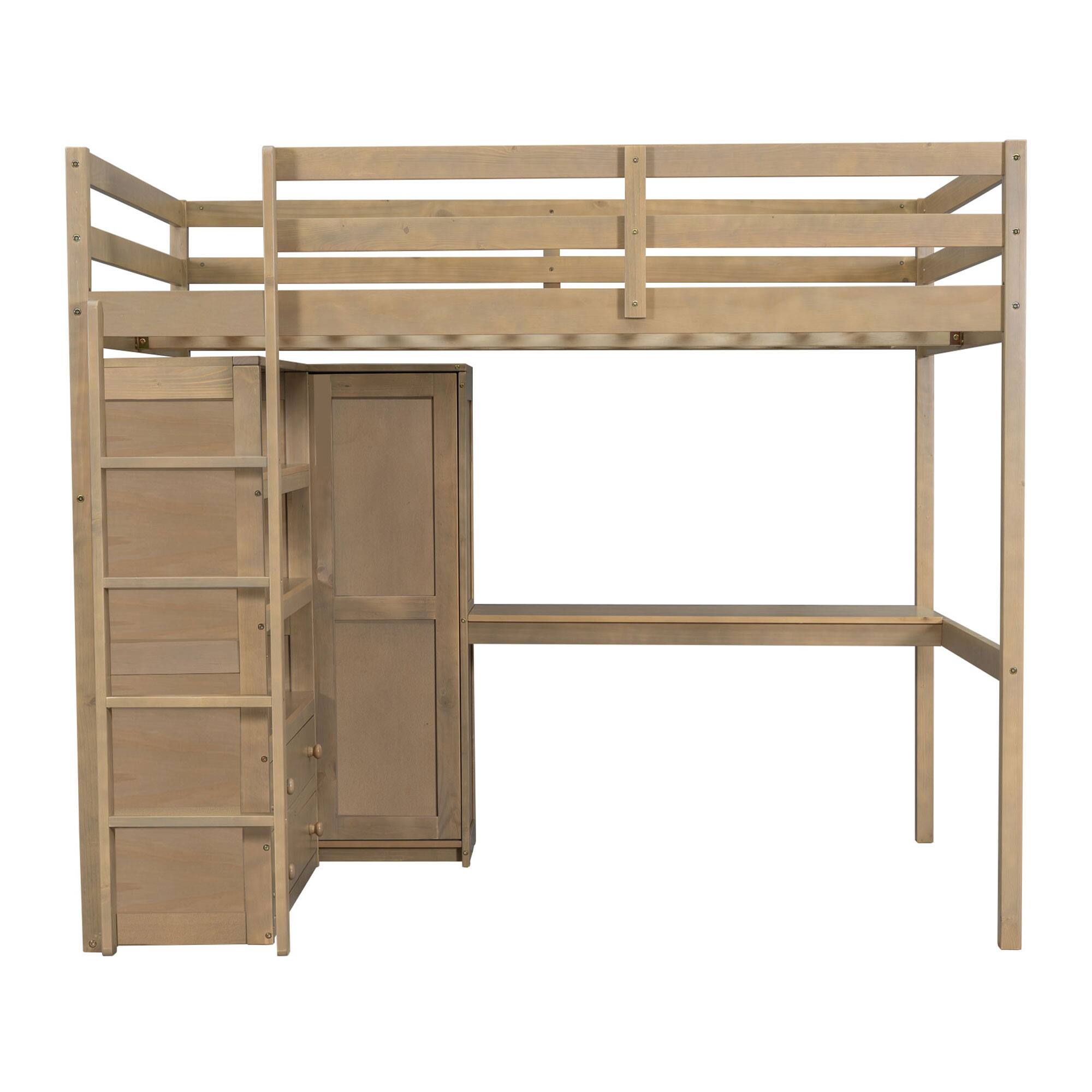 Alt View 1. Whisen - Full Size Wood Loft Bed with Built-in Wardrobe, Desk, Storage Shelves and Drawers - Walnut.