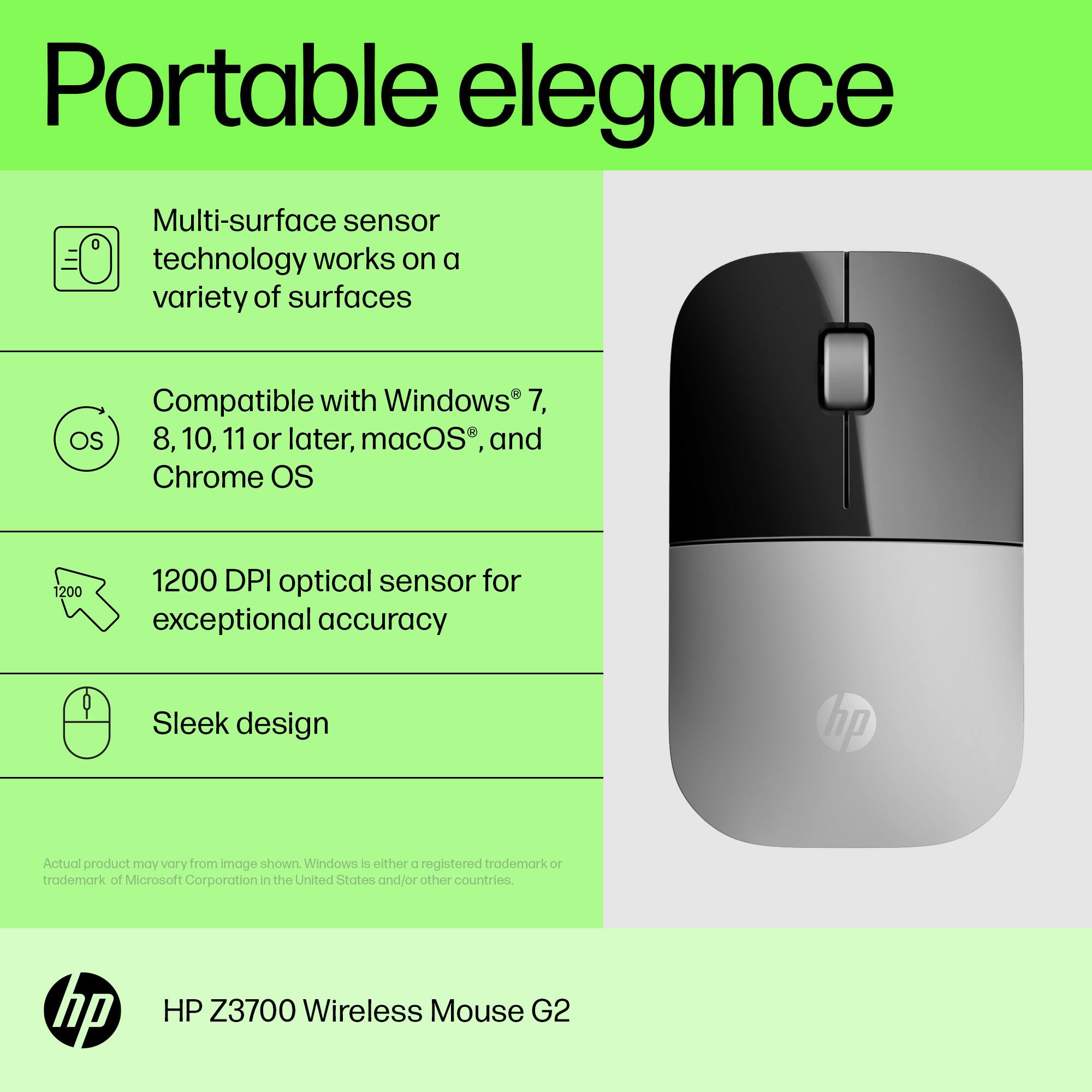 Portable Elegance: Multi-surface sensor technology works on a variety of surfaces. Compatible with Windows 7, OS 8, 10, 11 or later, macOS, and Chrome OS. 1200 DPI optical sensor for exceptional accuracy. Sleek design. HP. Actual product may vary from image shown.