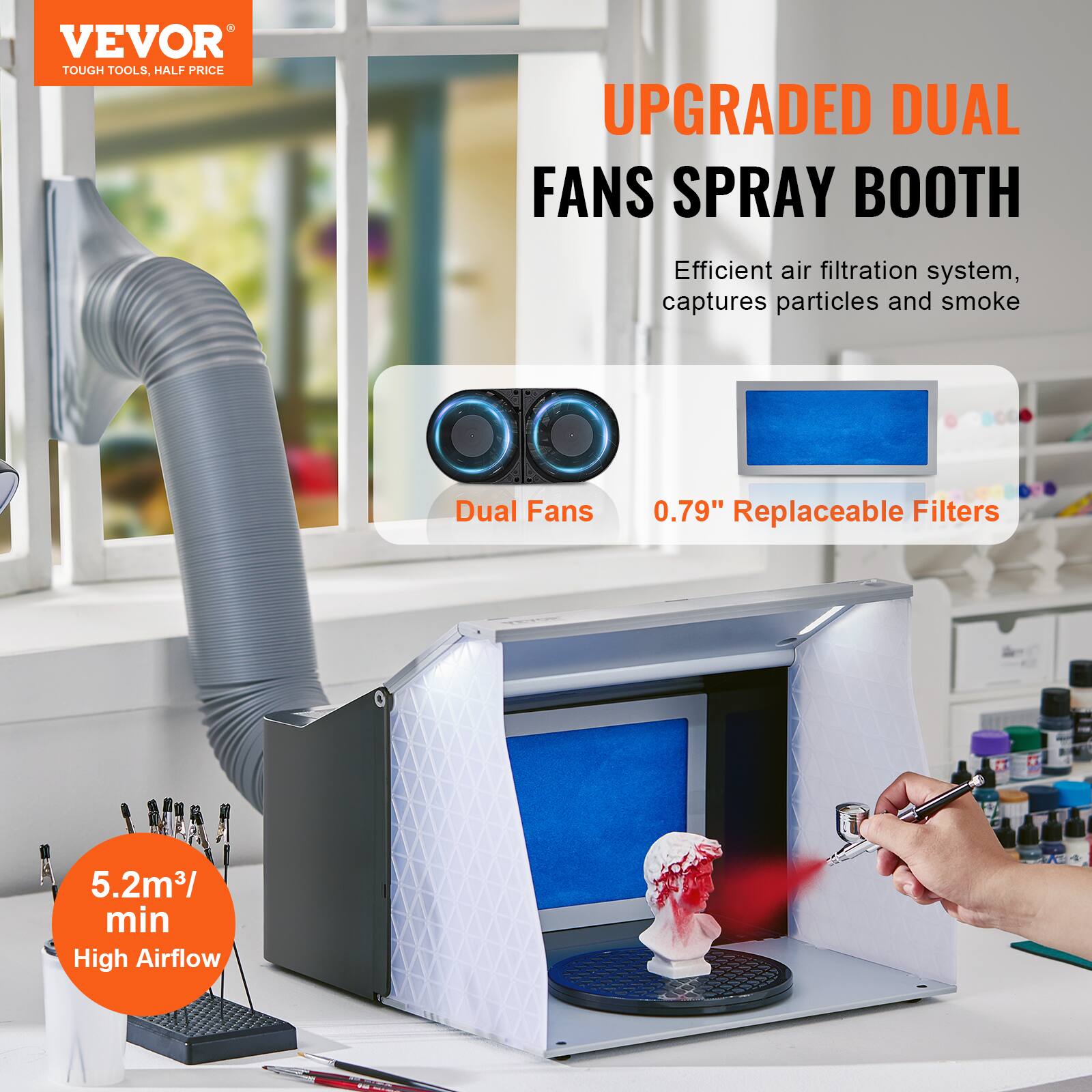 VEVOR TOUGH TOOLS. HALF PRICE UPGRADED DUAL FANS SPRAY BOOTH

Efficient air filtration system, captures particles and smoke

Dual Fans

0.79" Replaceable Filters

5.2m³/min High Airflow