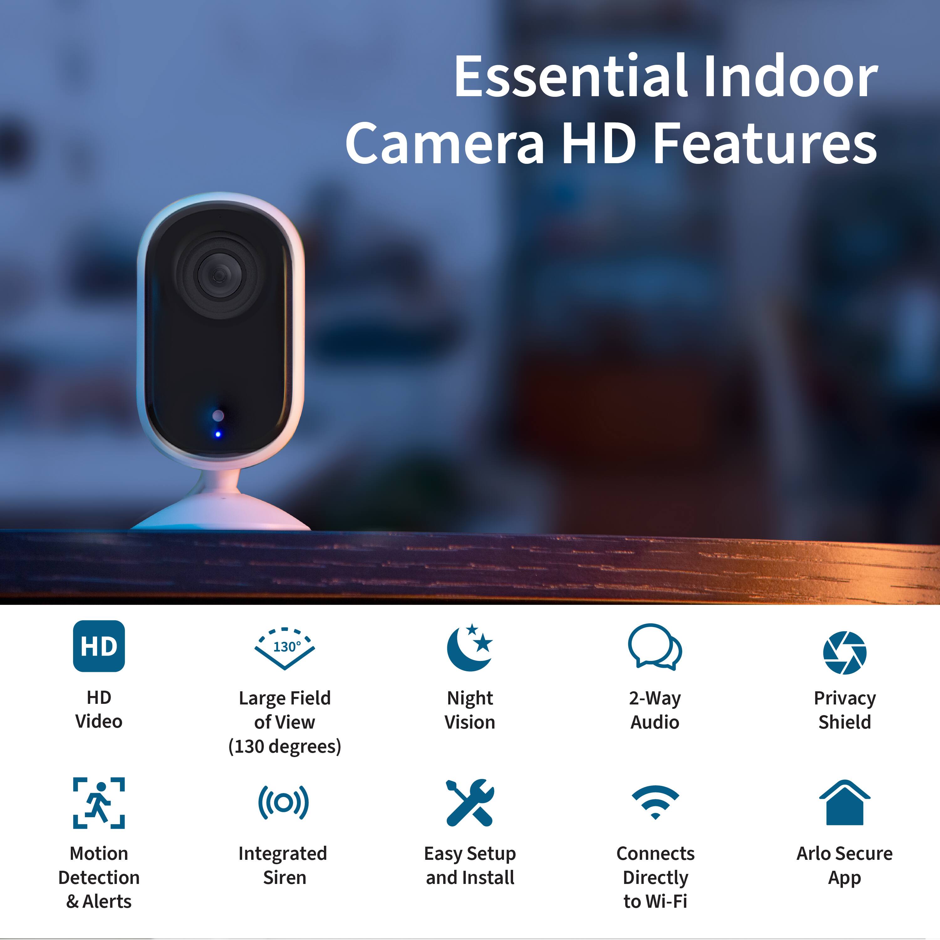 HD Video, Large Field of View (130 degrees), Night Vision, 2-Way Audio, Privacy Shield, Motion Detection & Alerts, Integrated Siren, Easy Setup and Install, Connects Directly to Wi-Fi, Arlo Secure App