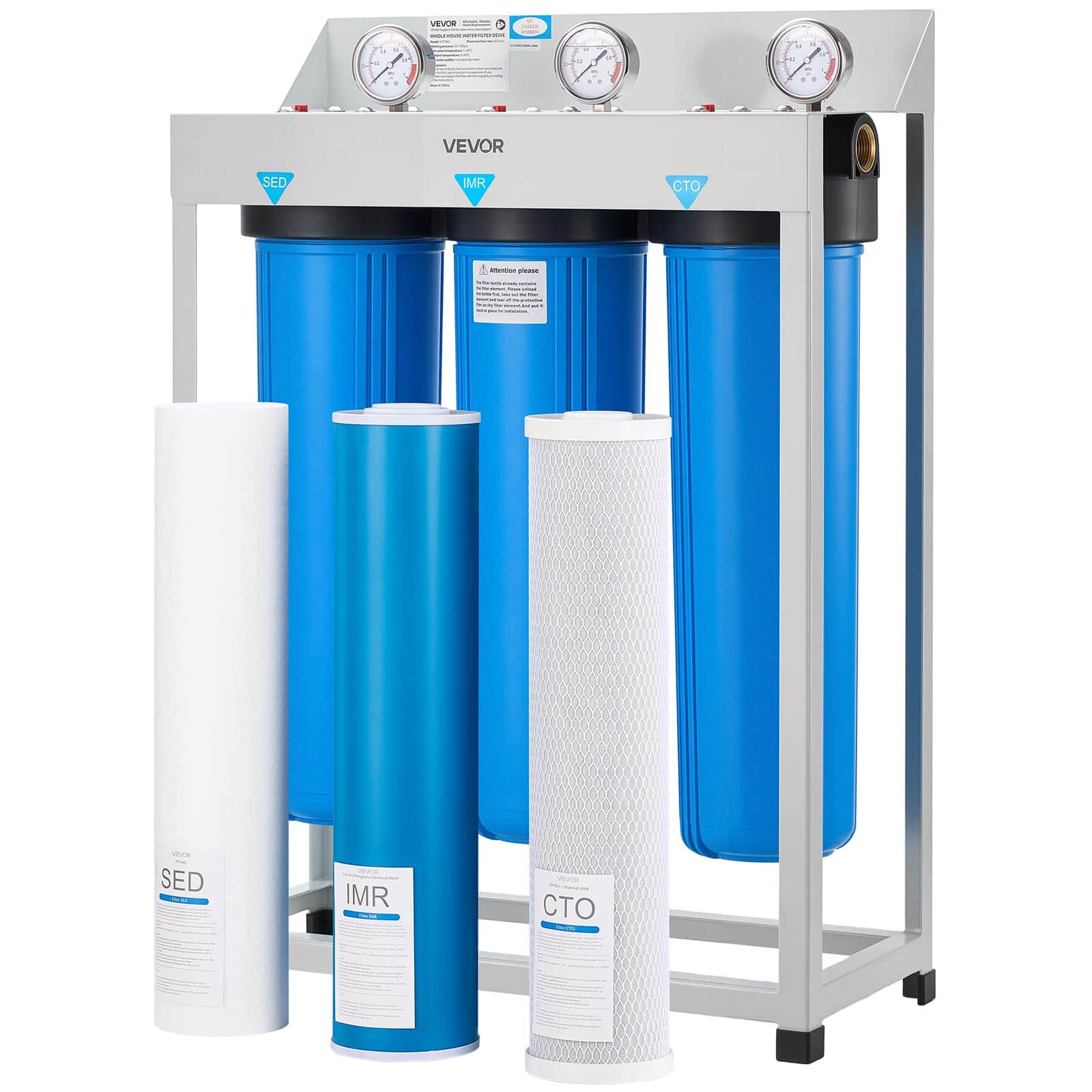 VEVOR - Whole House Water Filter System, 3-Stage | Sediment, IMR, CTO | 4.5" x 20" Home Water Purifier Filter Reduce Iron - Blue, White