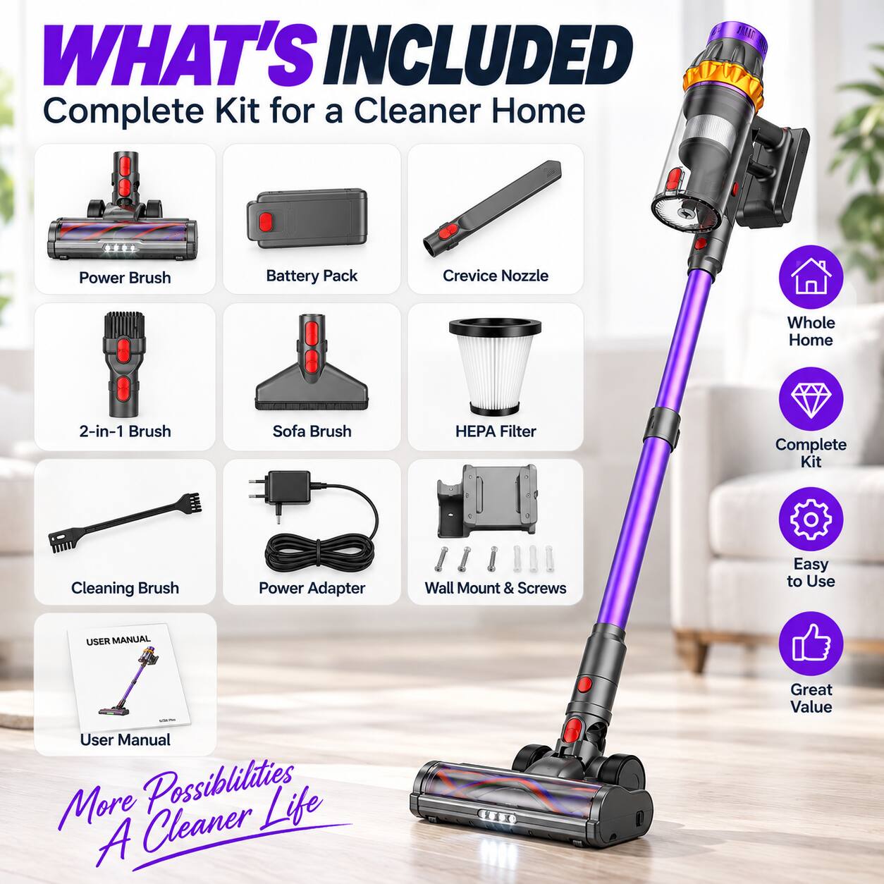 WHAT'S INCLUDED  
Complete Kit for a Cleaner Home  
- Power Brush  
- Battery Pack  
- Crevice Nozzle  
- Whole Home  
- 2-in-1 Brush  
- Sofa Brush  
- HEPA Filter  
- Complete Kit  
- Cleaning Brush  
- Power Adapter  
- Wall Mount & Screws  
- Easy to Use  
- USER MANUAL  

SAME User Manual  
More Possibilities  
A Cleaner Life  
Great Value