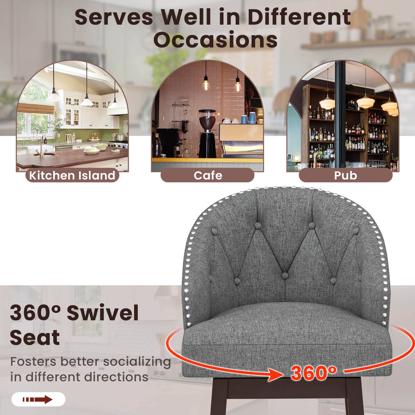 Serves Well in Different Occasions: This image showcases a chair that is suitable for various occasions, such as a kitchen island, cafe, and pub. The chair is designed to foster better socializing in different directions, making it an ideal choice for a versatile setting.