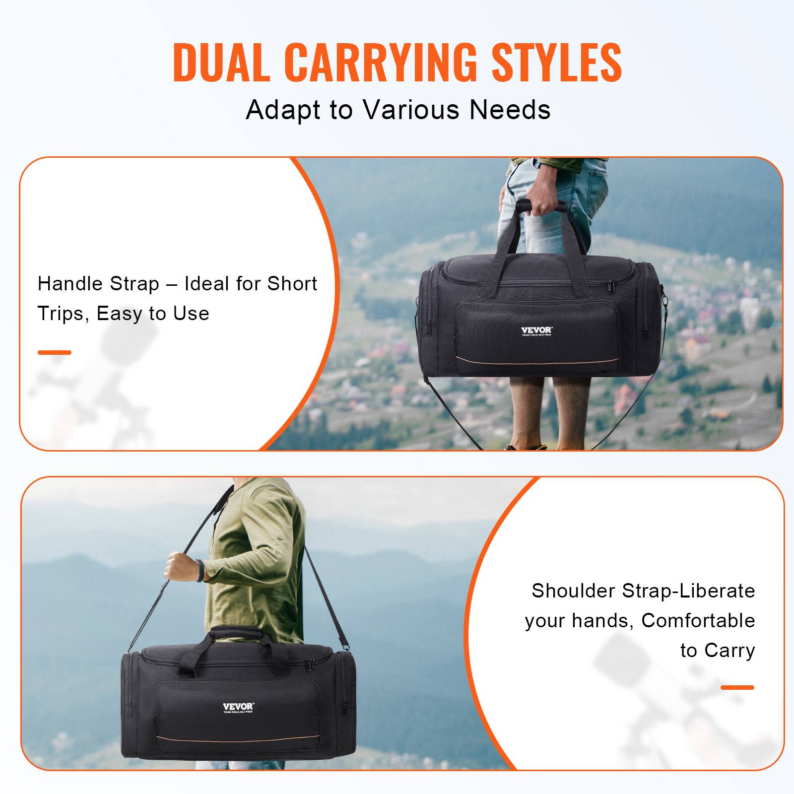 DUAL CARRYING STYLES  
Adapt to Various Needs  

Handle Strap – Ideal for Short Trips, Easy to Use  

Shoulder Strap – Liberate your hands, Comfortable to Carry