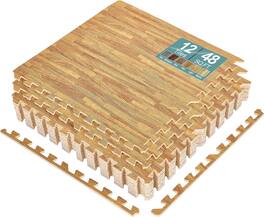 Sorbus - 3/8-Inch Thick 48 Sq. Ft. Wood Grain Floor Foam EVA Interlocking Mats Tiles w/ Borders - for Home, Trade Show - Light Brown