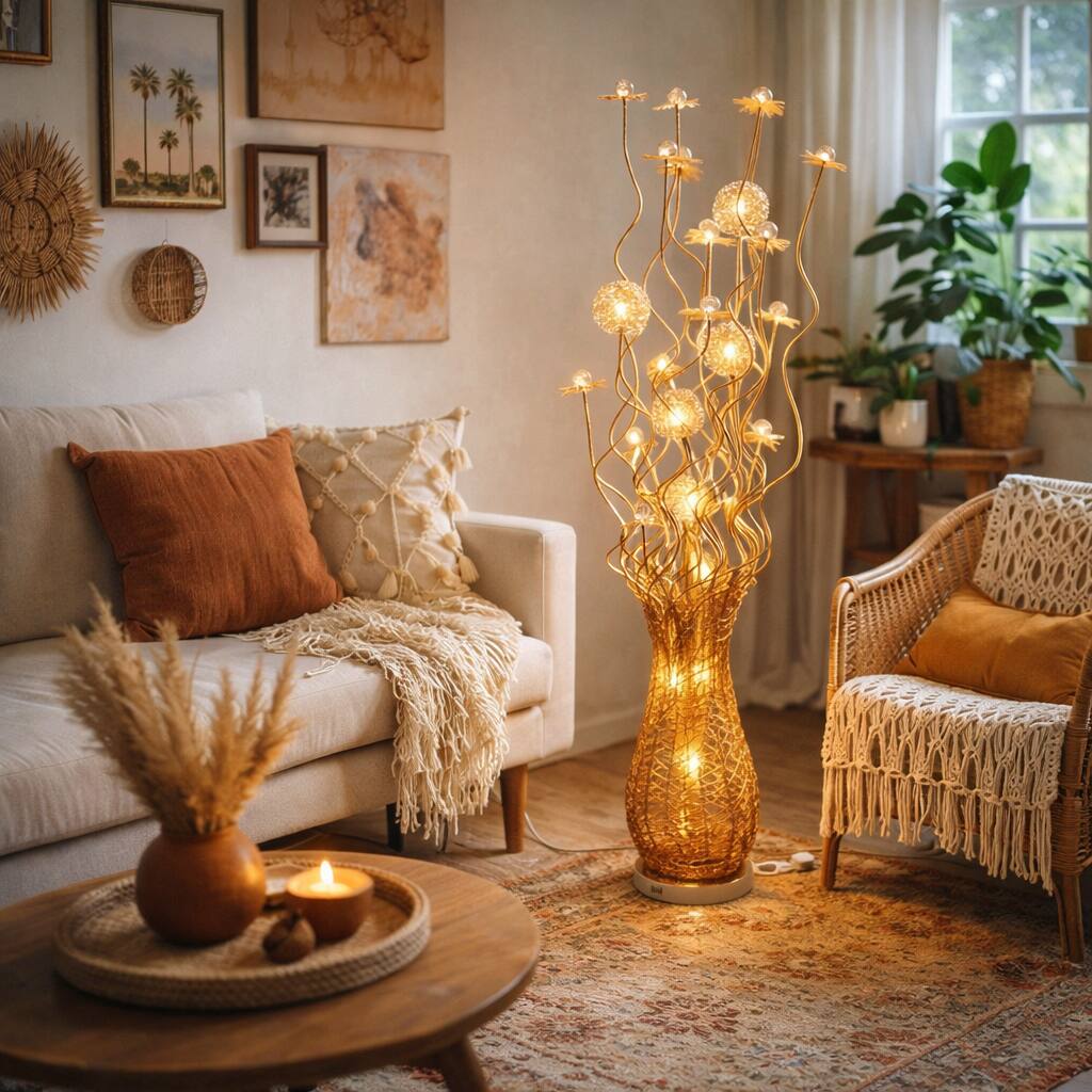 Front. FC Design - 60"H Gold Textured Vase with Illuminated Flower Spray LED Floor Lamp.