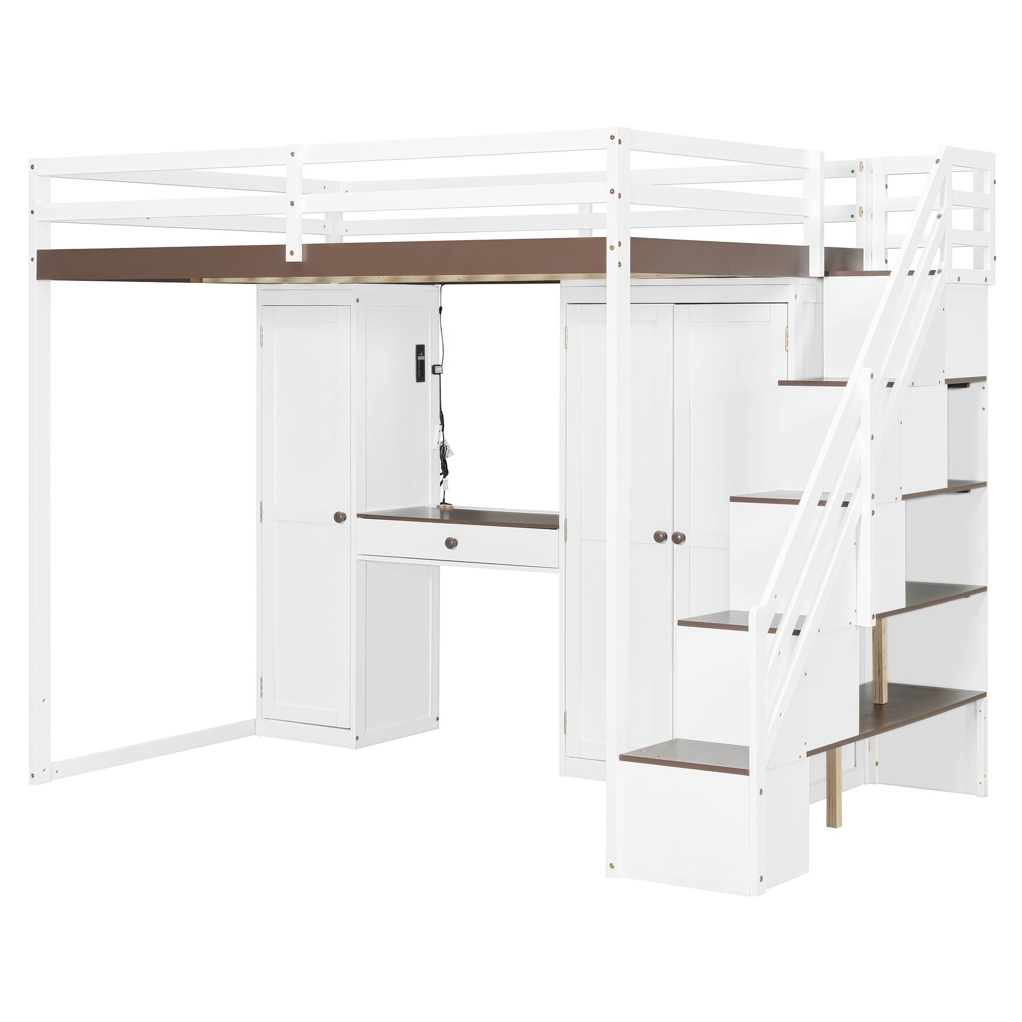 Alt View 4. Anysun - Full Size Loft Bed with Storage Staircase - Built-In Dressing Table & Mirror, Wardrobe, USB Ports & Lights - White.
