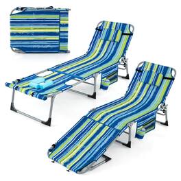Gymax - 2 PCS Folding Chaise Lounge Chair Sunbathing Recliner w/ Removable Pillow - Navy Blue