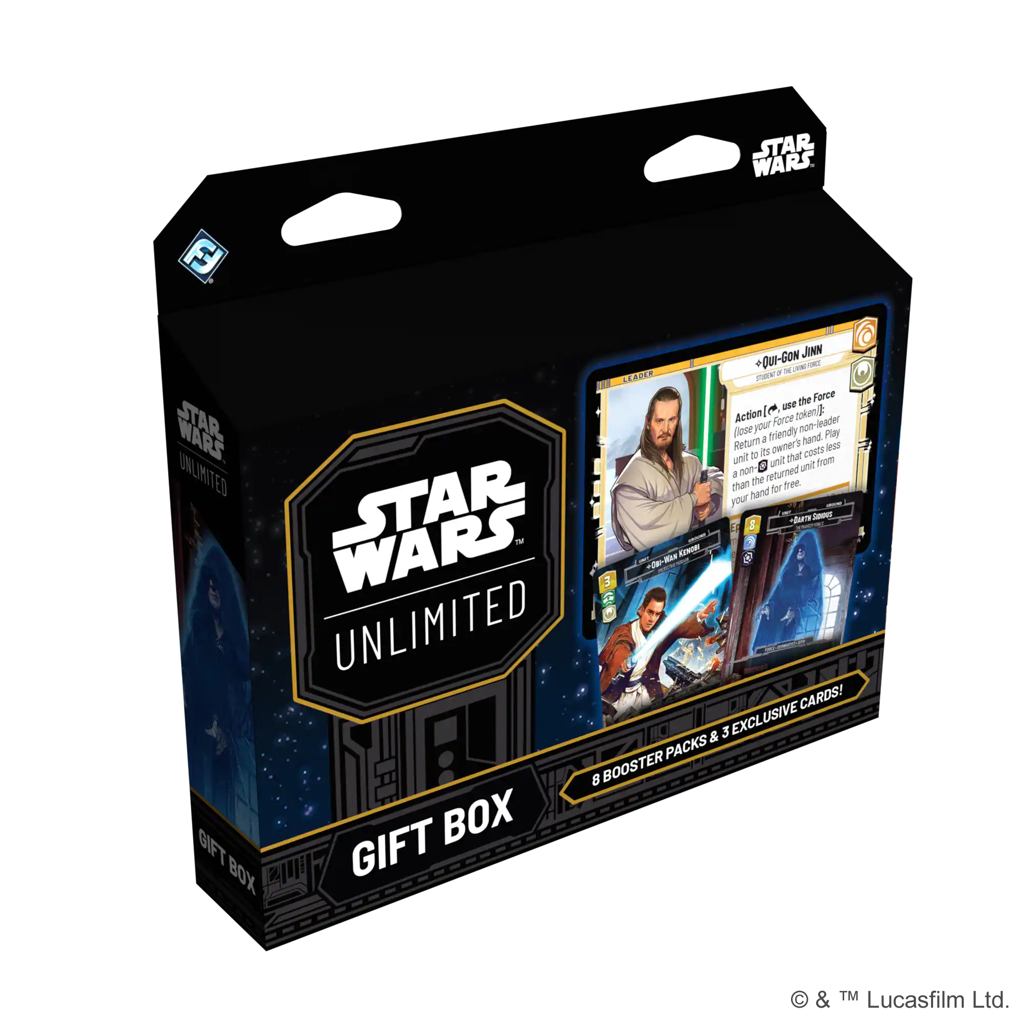 STAR WARS  
UNLIMITED  

GIFT BOX  

8 BOOSTER PACKS & 3 EXCLUSIVE CARDS!  

QUI-GON JINN  
Action (Use the Force)  
Return a friendly non-leader unit to its owner's hand. Play a non-leader unit from your hand that costs 1 less than the returned unit for free.