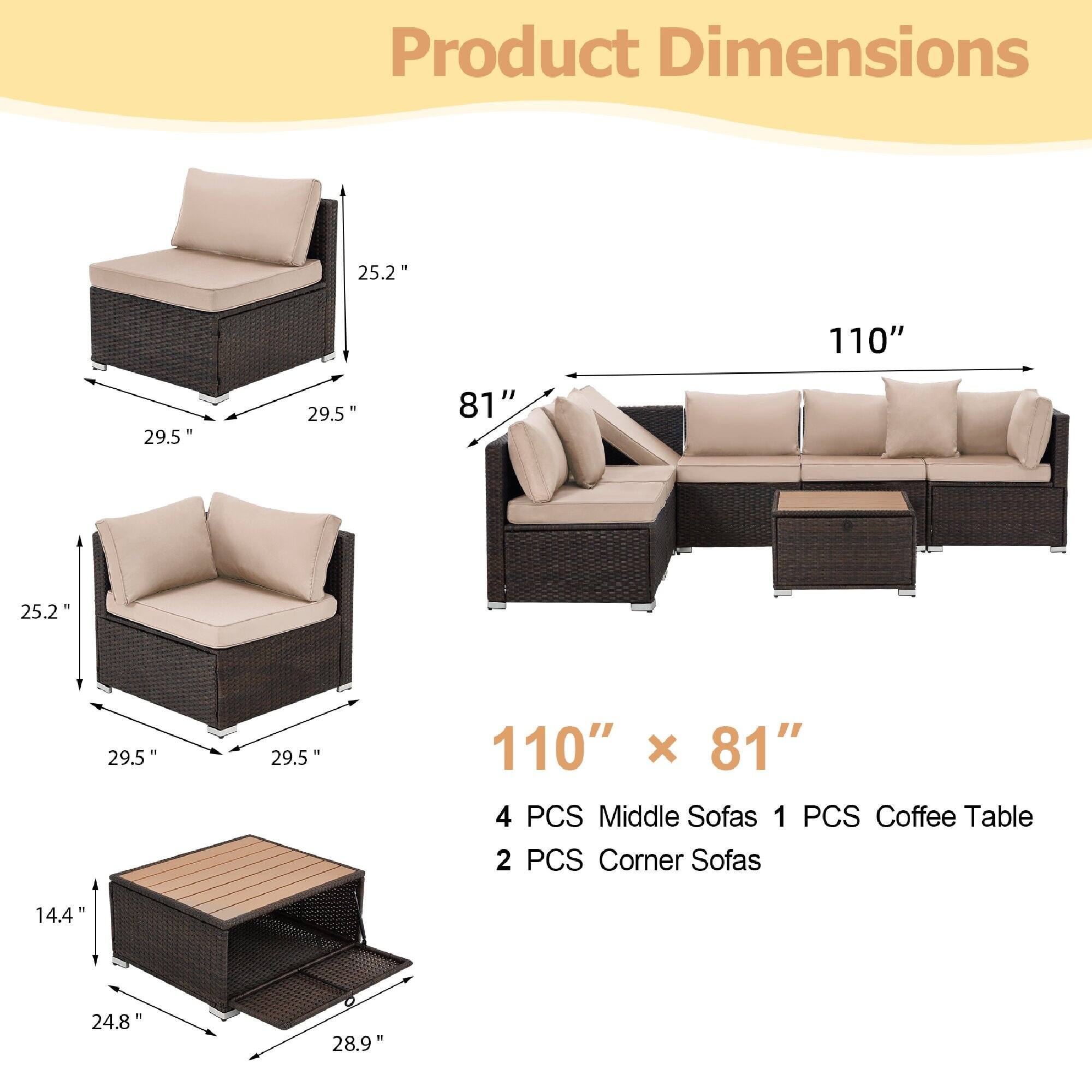 Product Dimensions

110" x 81"

4 PCS Middle Sofas  
1 PCS Coffee Table  
2 PCS Corner Sofas

- Middle Sofas: 25.2" x 29.5" x 29.5"
- Corner Sofas: 25.2" x 29.5" x 29.5"
- Coffee Table: 14.4" x 24.8" x 28.9"