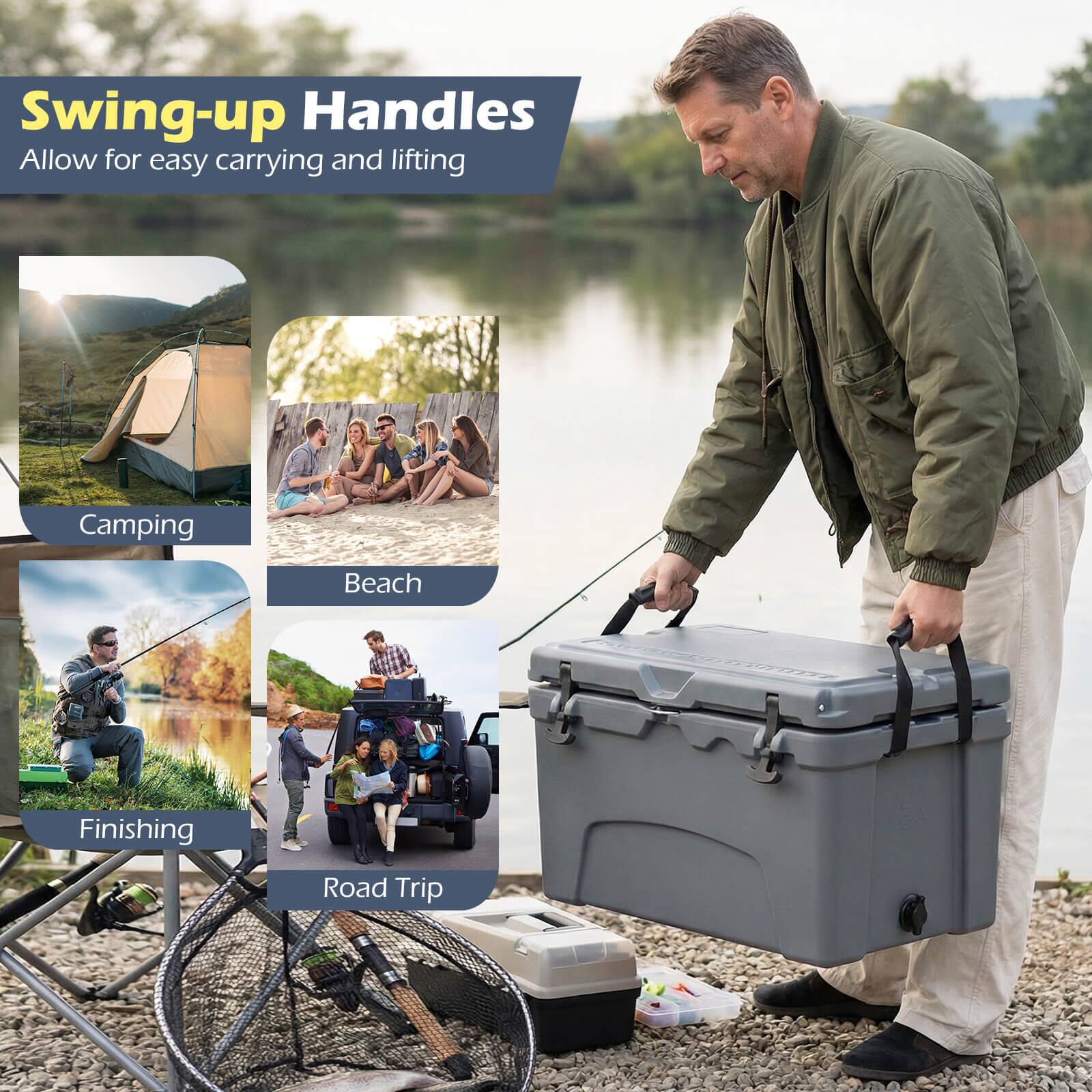 Swing-up Handles  
Allow for easy carrying and lifting  

Camping  
Beach  
Finishing  
Road Trip