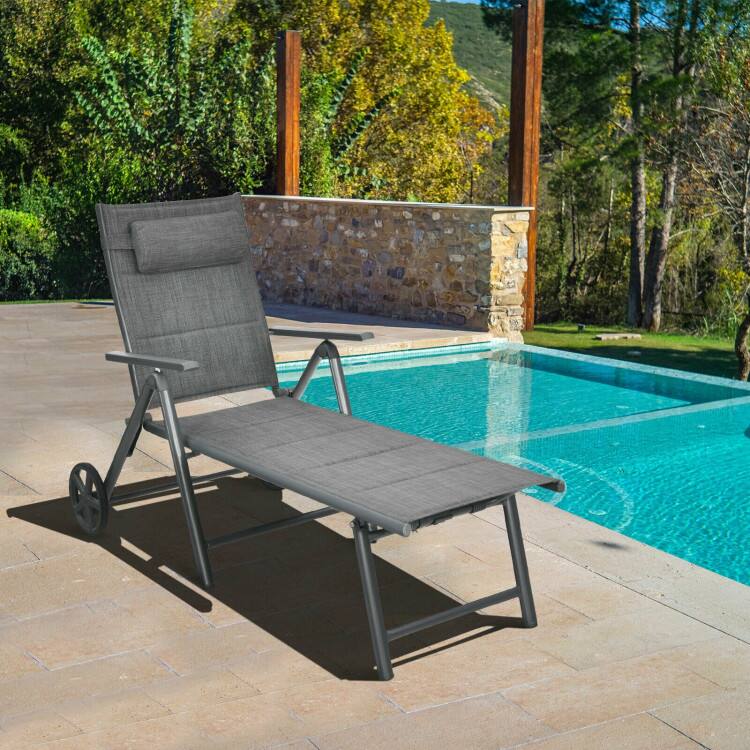 Angle. Mondawe - Patio Reclining Chaise Lounge with Adjustable Backrest and Pillow for Poolside Deck - Dark Grey.