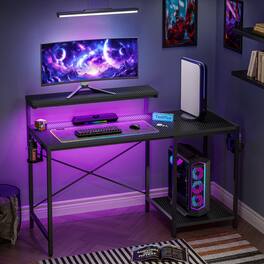 RSPGAME - 48'' Gaming Desk LED Lights Computer Desk with Monitor Stand and Hook Storage Shelf, PC Gaming Table for Home Office - Black